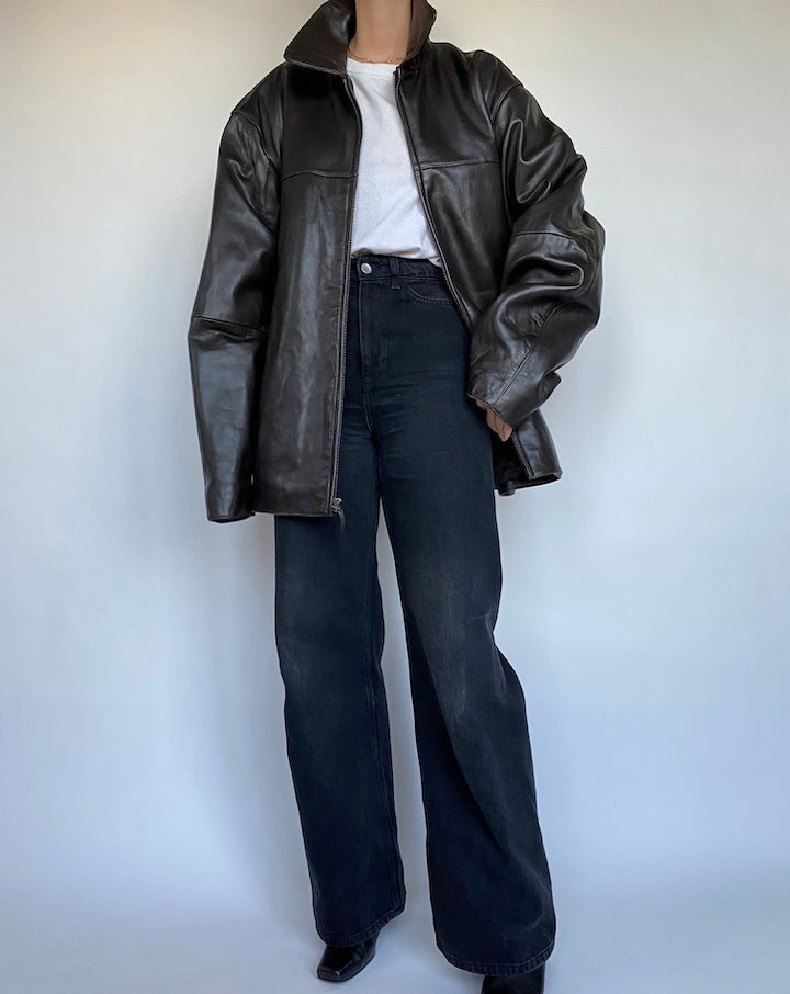 VINTAGE DARK BROWN BOXY LEATHER JACKET 476