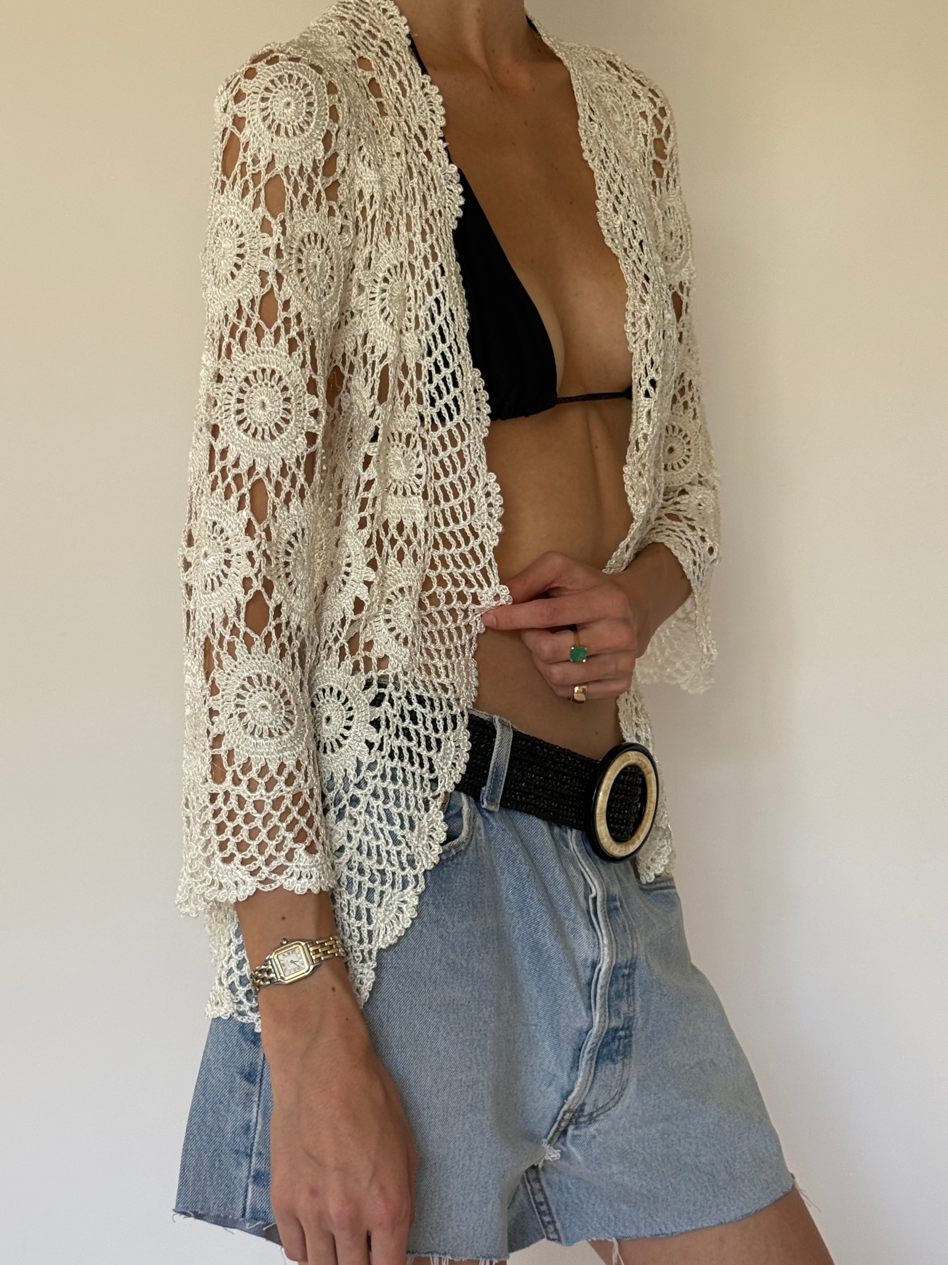 Vintage cream crochet cardigan side view