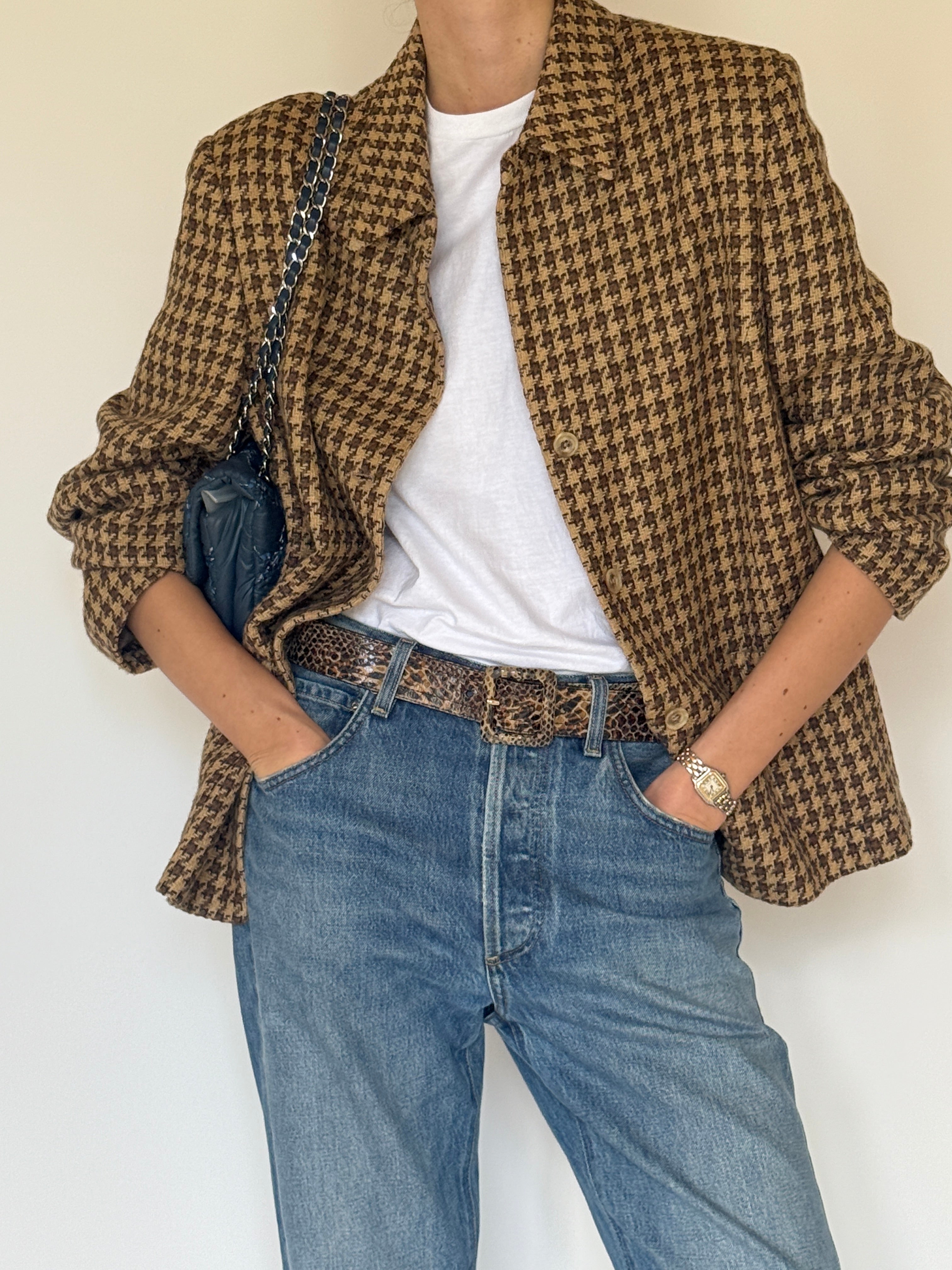 Vintage brown houndstooth wool blend blazer front view