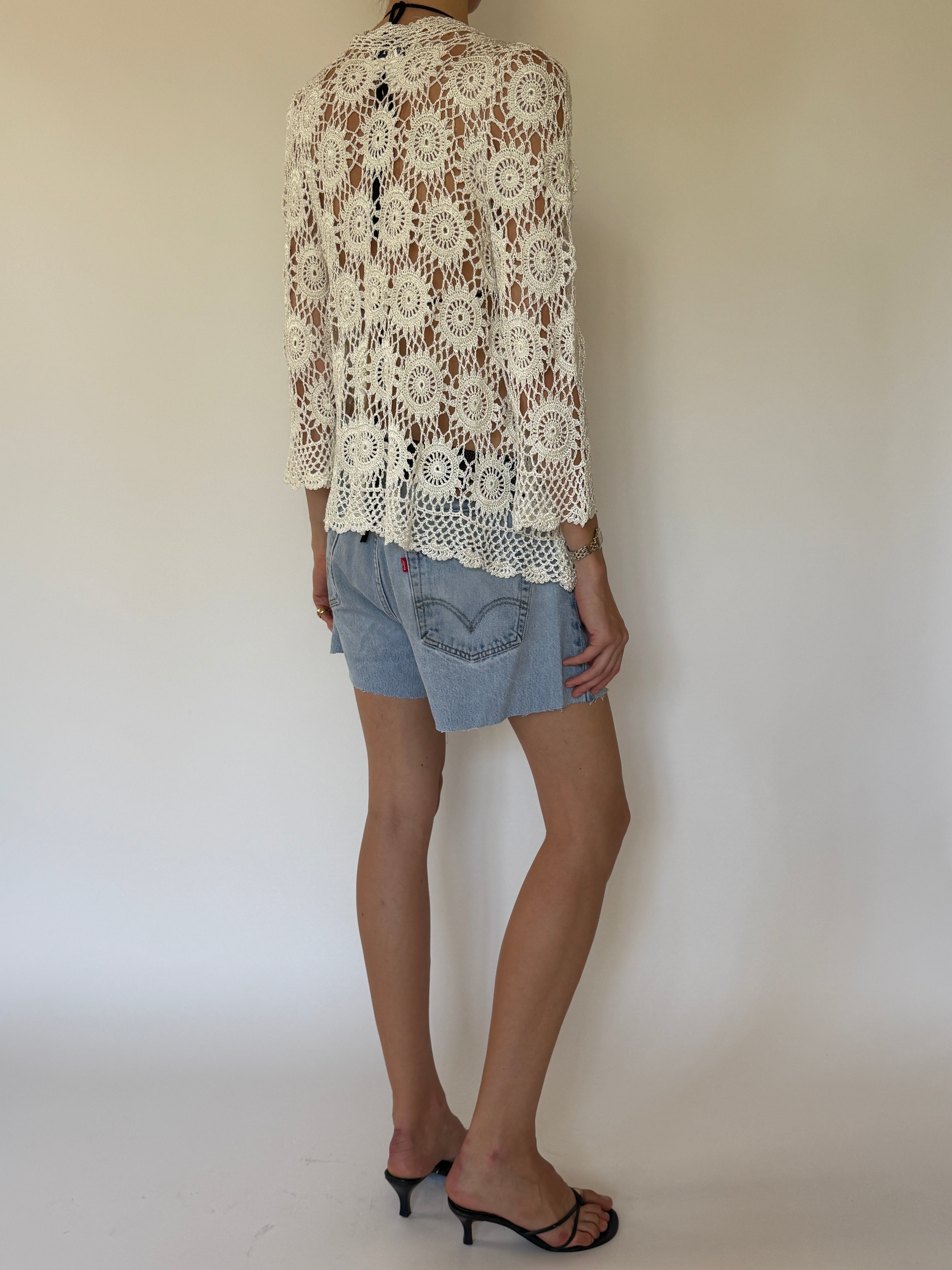 Vintage cream crochet cardigan back view