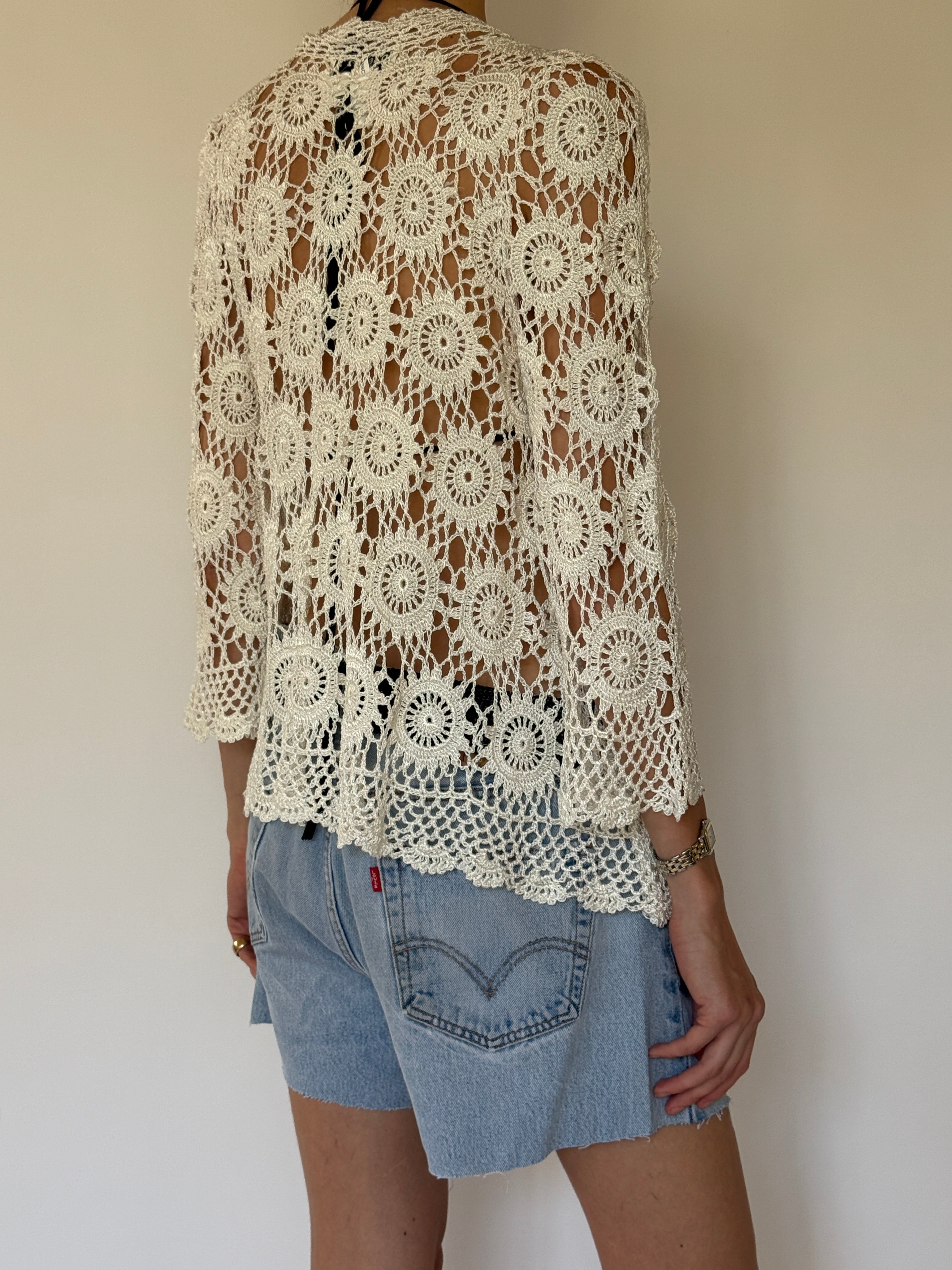 Vintage cream crochet cardigan back view
