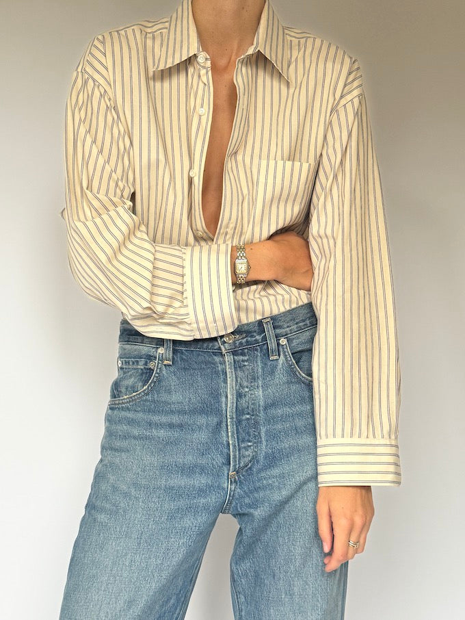 Vintage Striped Button-Down Shirt Cream & Navy 6506