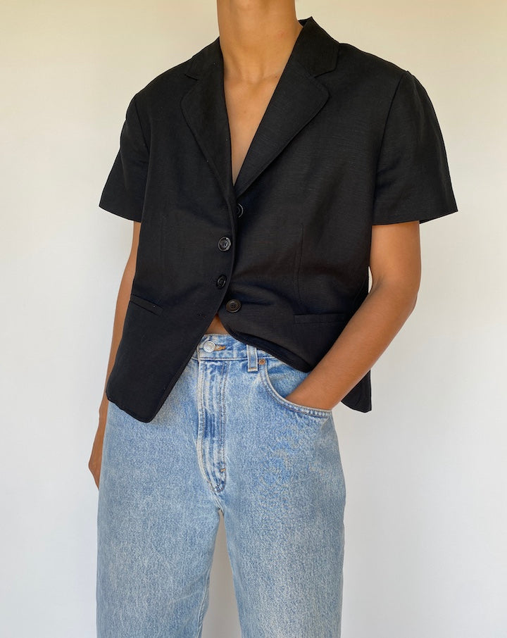 VINTAGE BLACK LINEN BLENDED SHORT SLEEVE TOP 3150