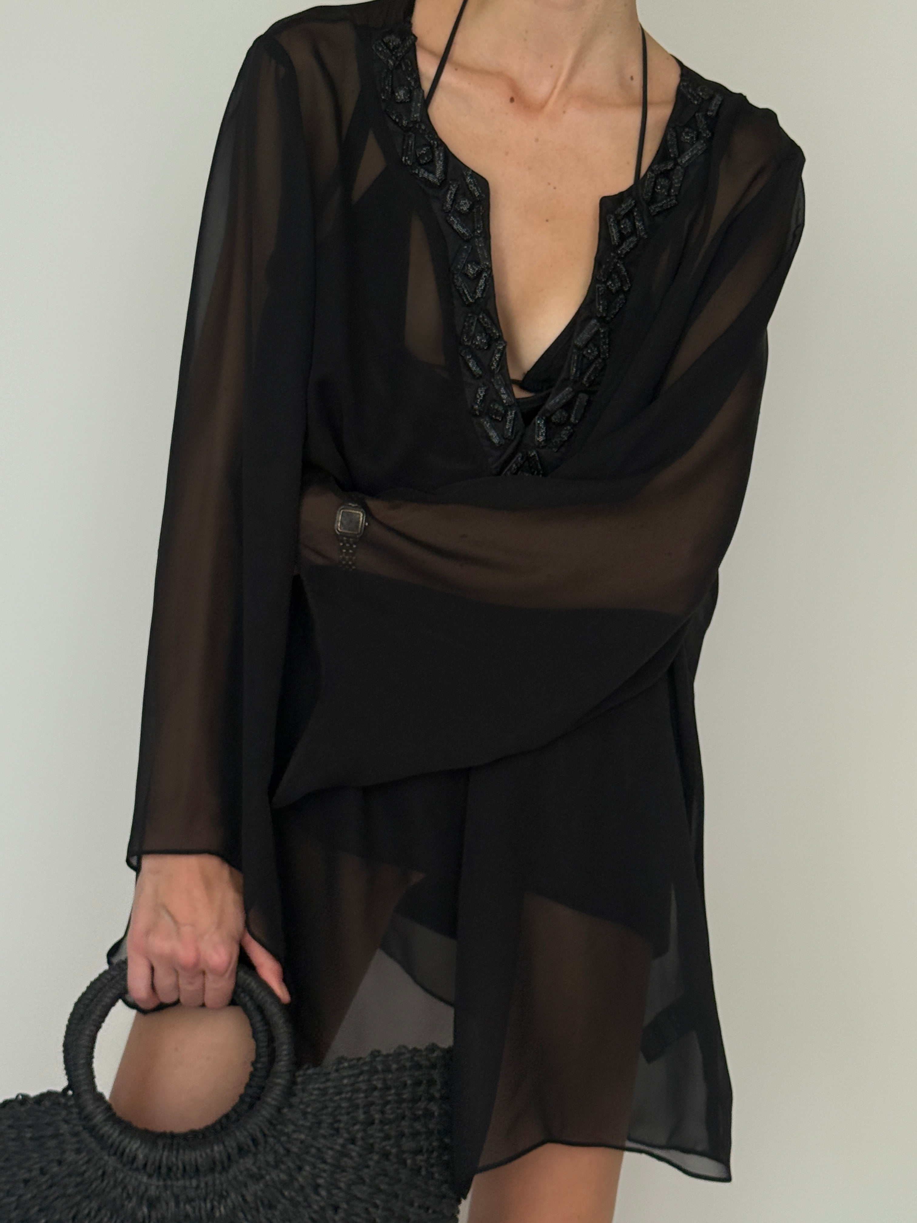 Vintage black sheer tunic wide sleeve detail