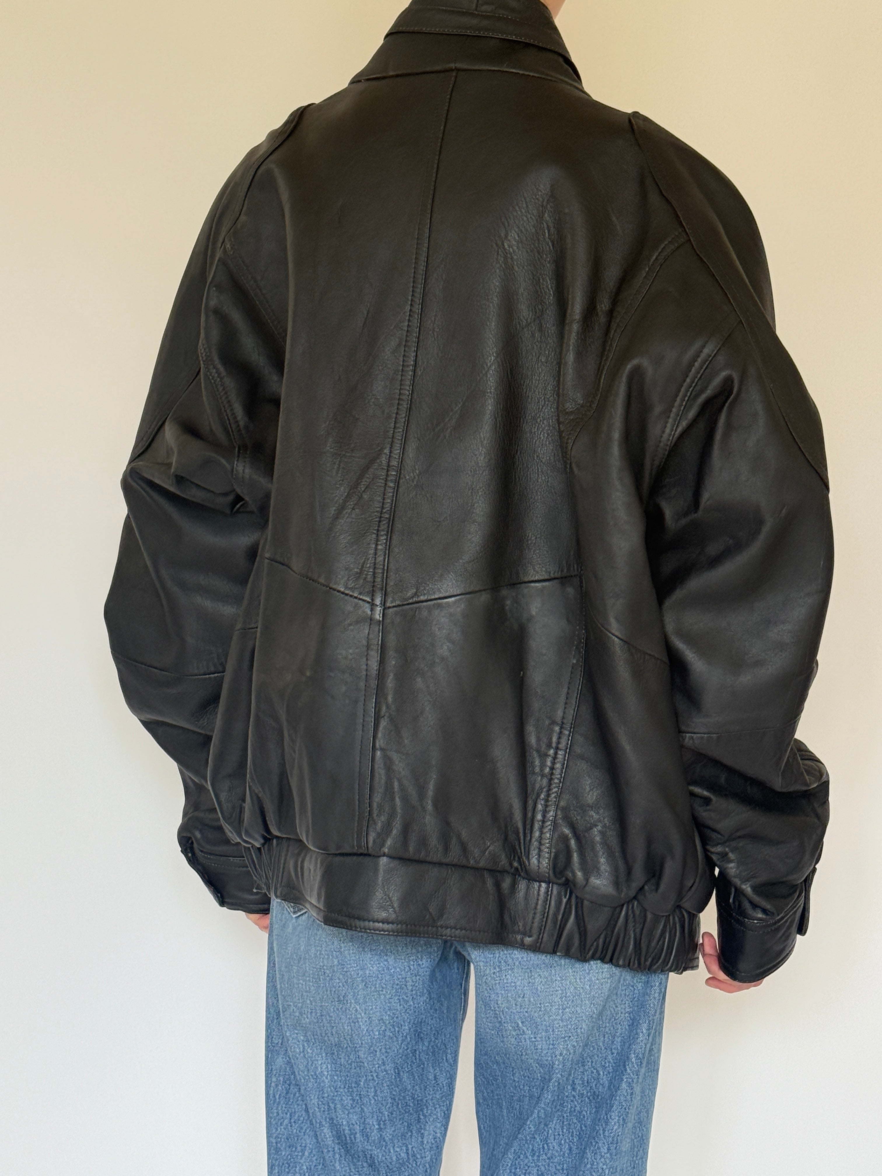 Vintage oversized leather jacket black back view