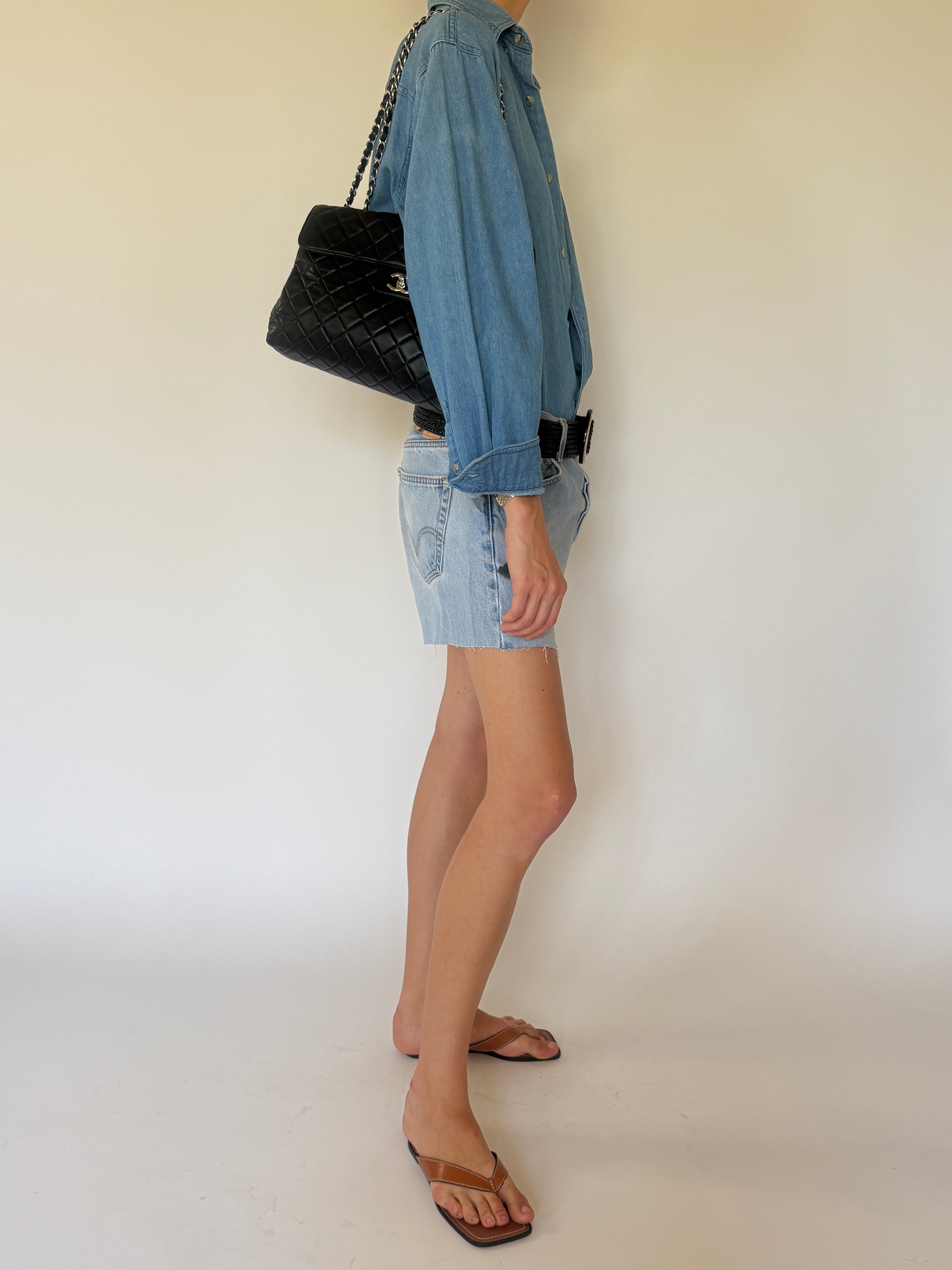 Vintage oversized blue denim shirt side view