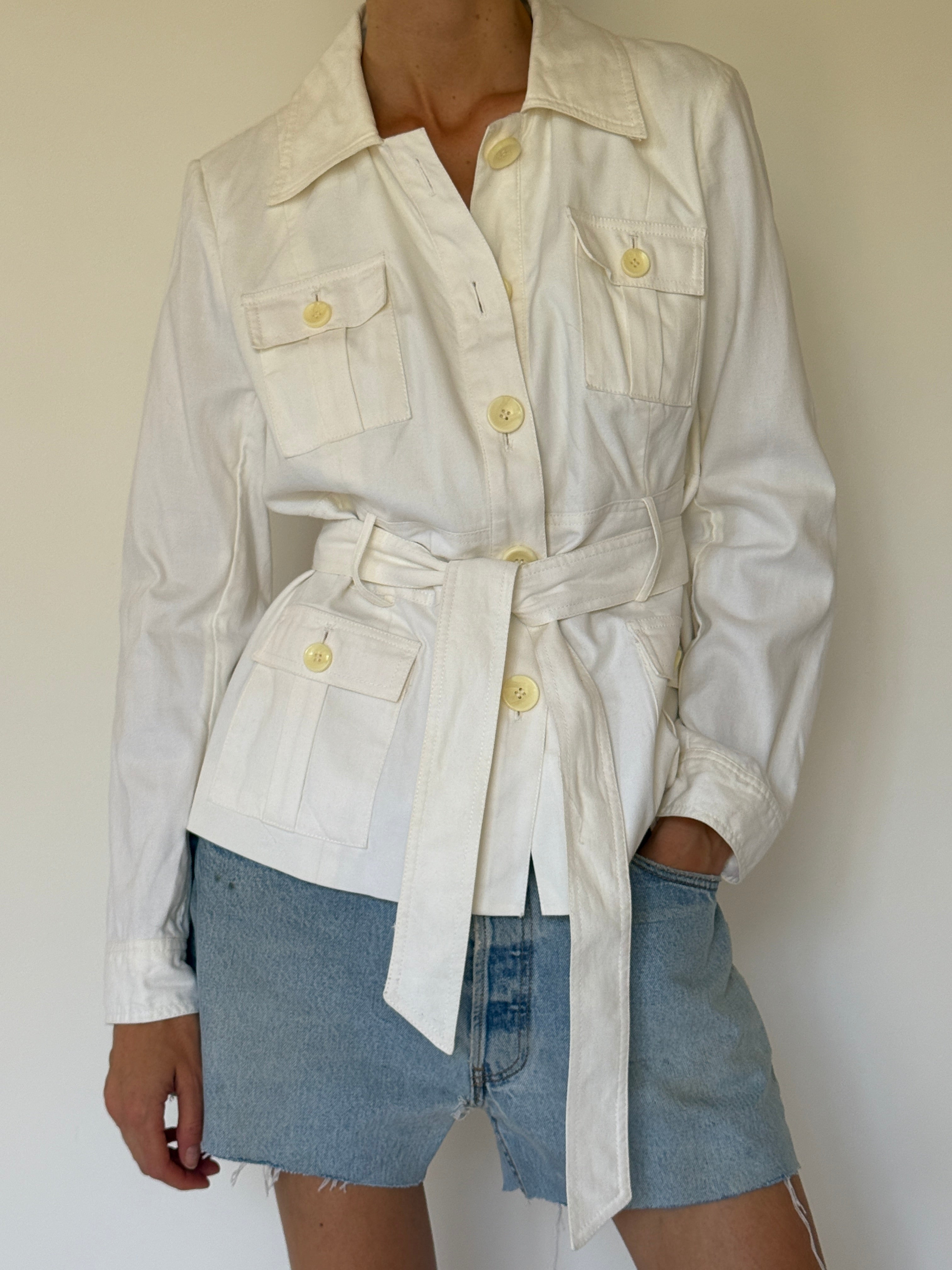 Vintage white belted utility jacket front view