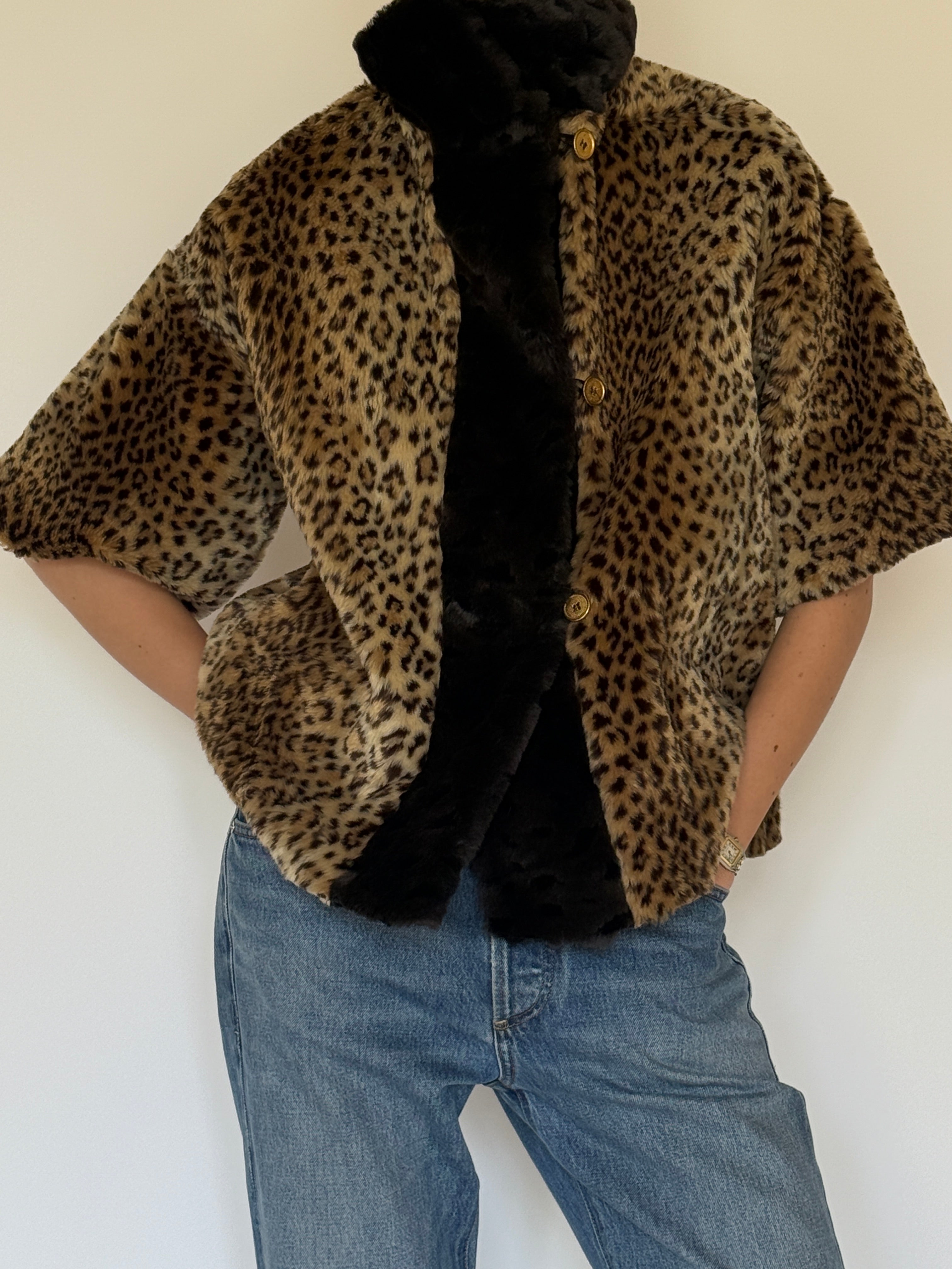 Vintage leopard faux fur jacket front view