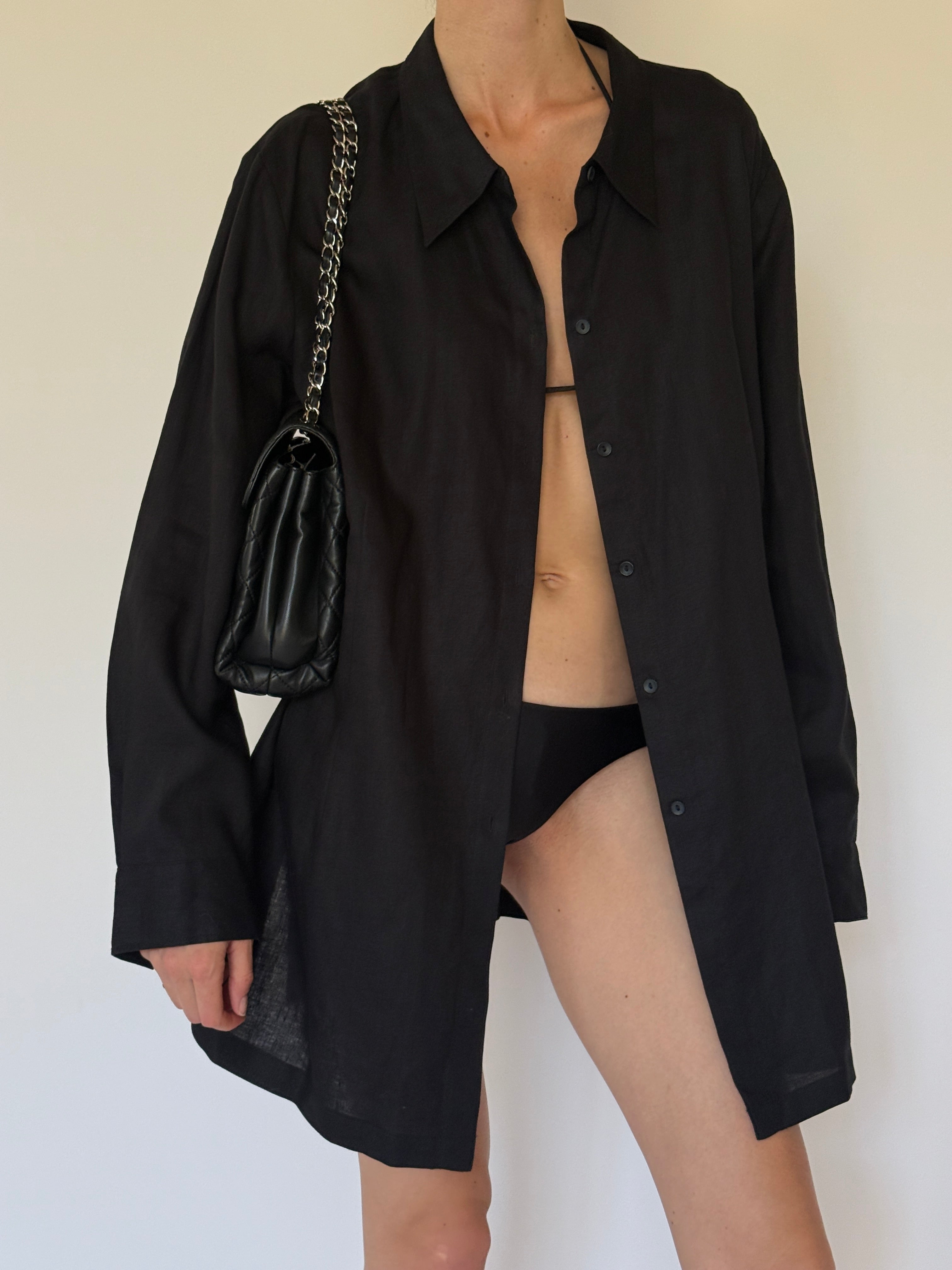 Vintage structured black shirt dress swim cover-up front view