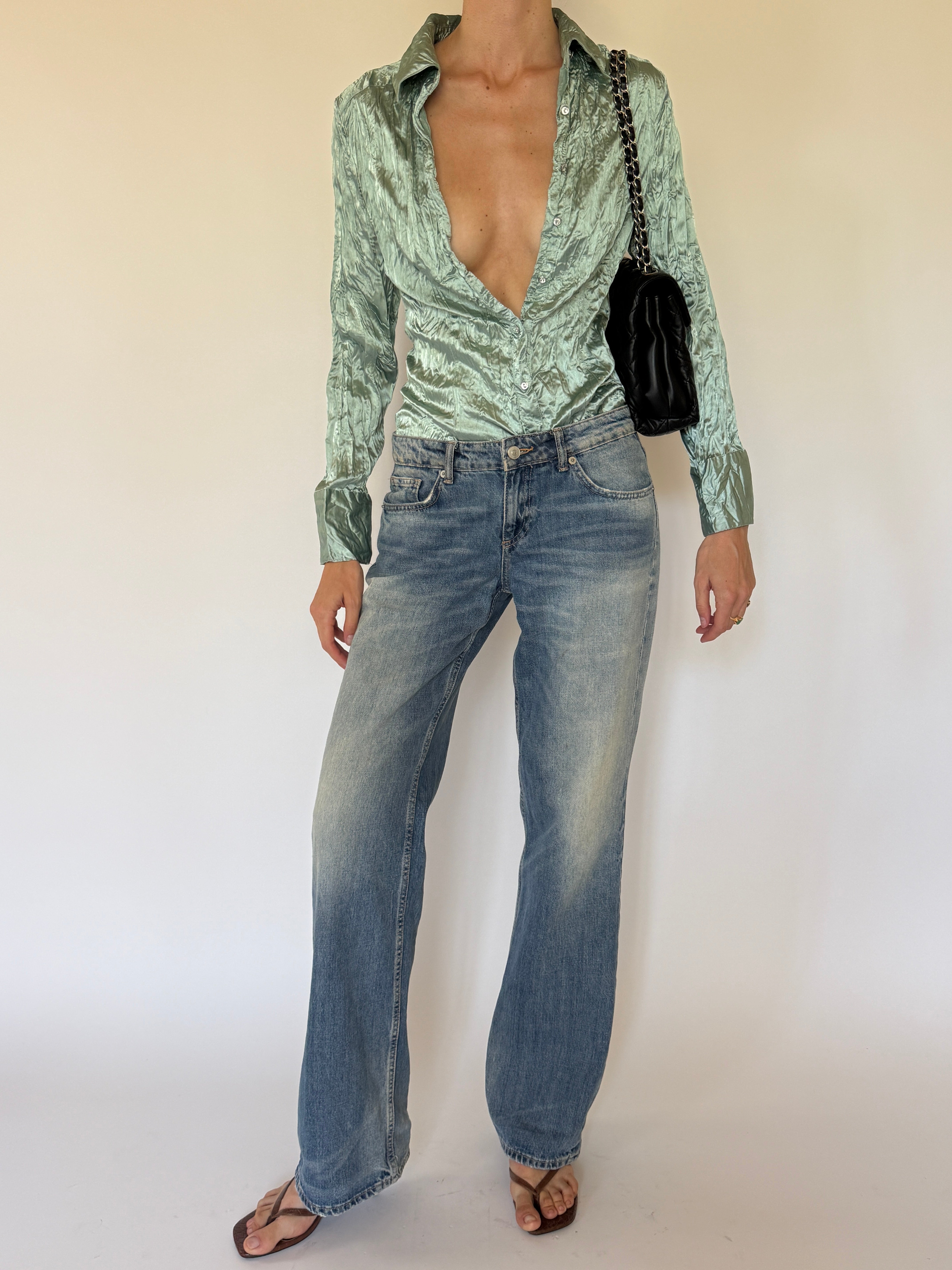 Vintage sage green crinkled shimmer shirt front view