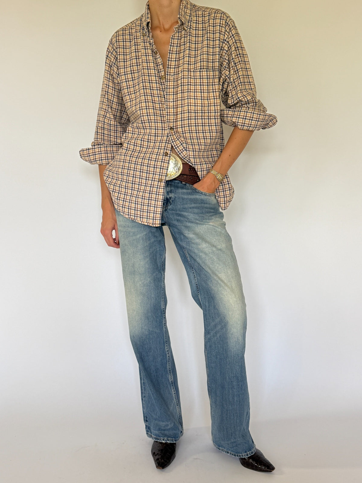 Vintage plaid cotton shirt front view with rolled sleeves