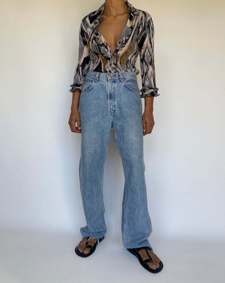 VINTAGE MULTI-COLORED BUTTON DOWN PLEATED BLOUSE 3160