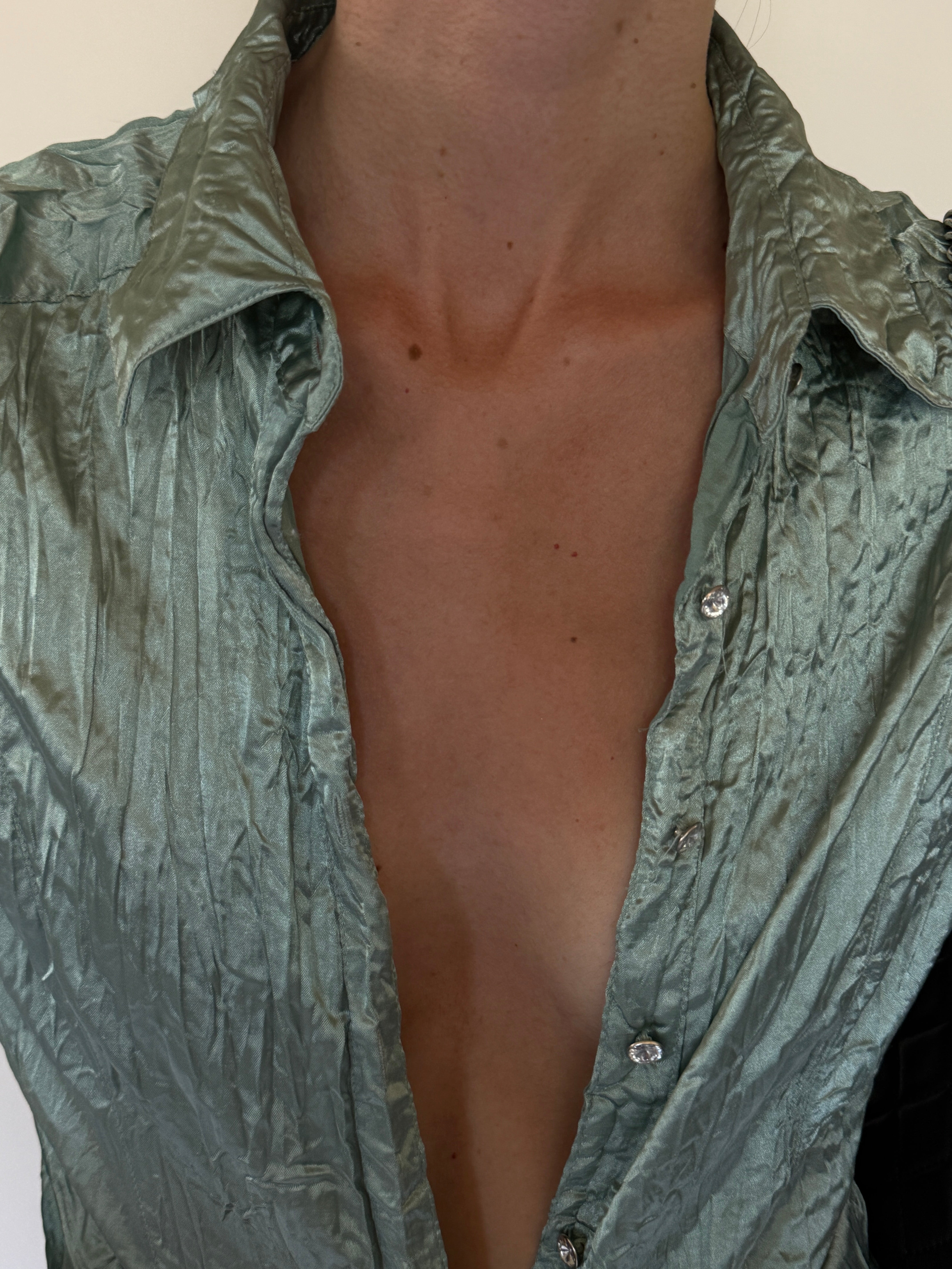 Vintage sage green crinkled shimmer shirt front view