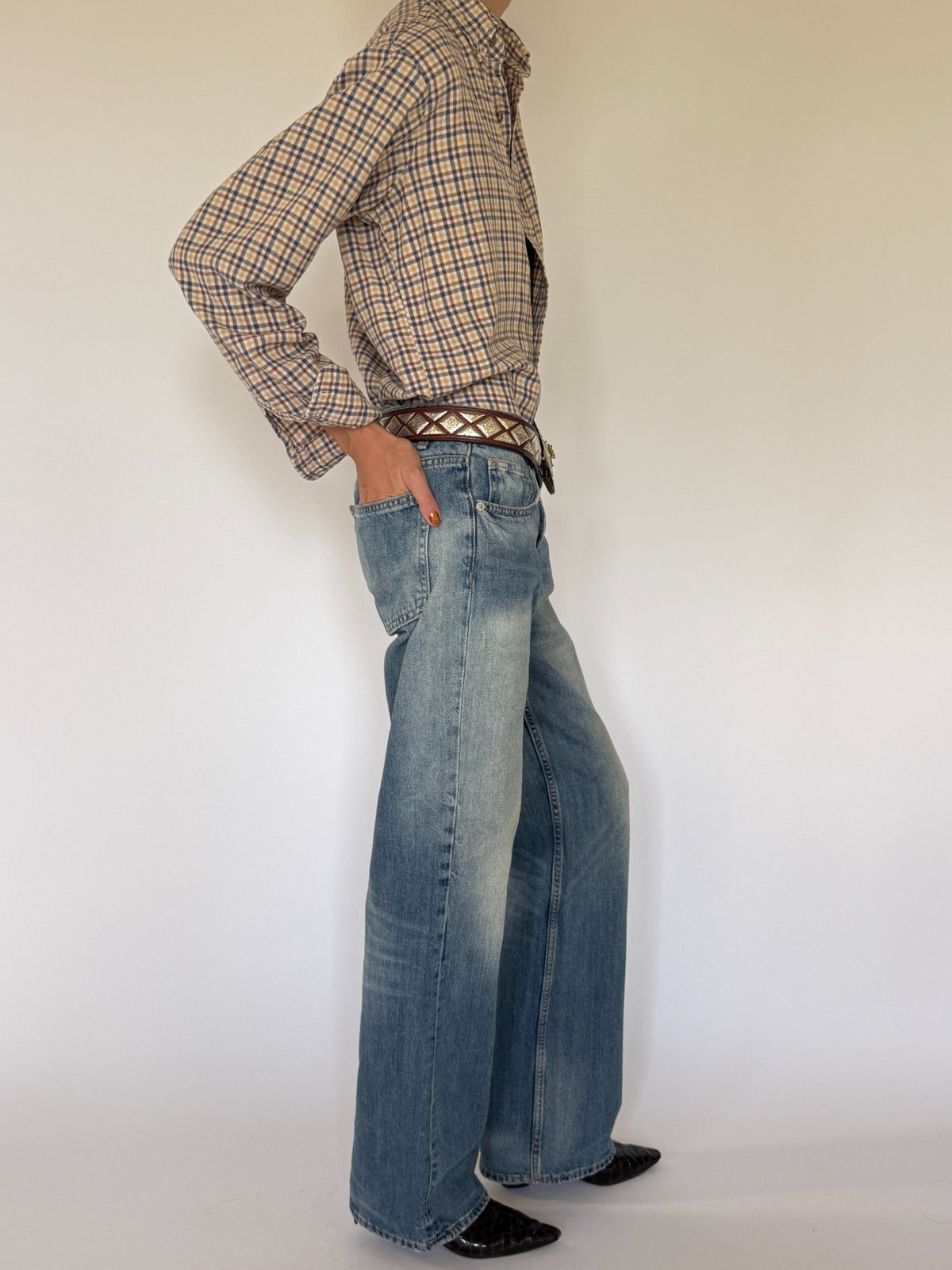 Vintage plaid cotton shirt side view styled with denim