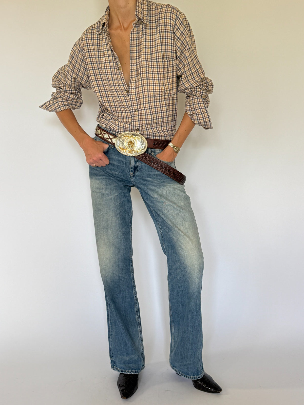 Vintage plaid cotton shirt styled front angle with belt