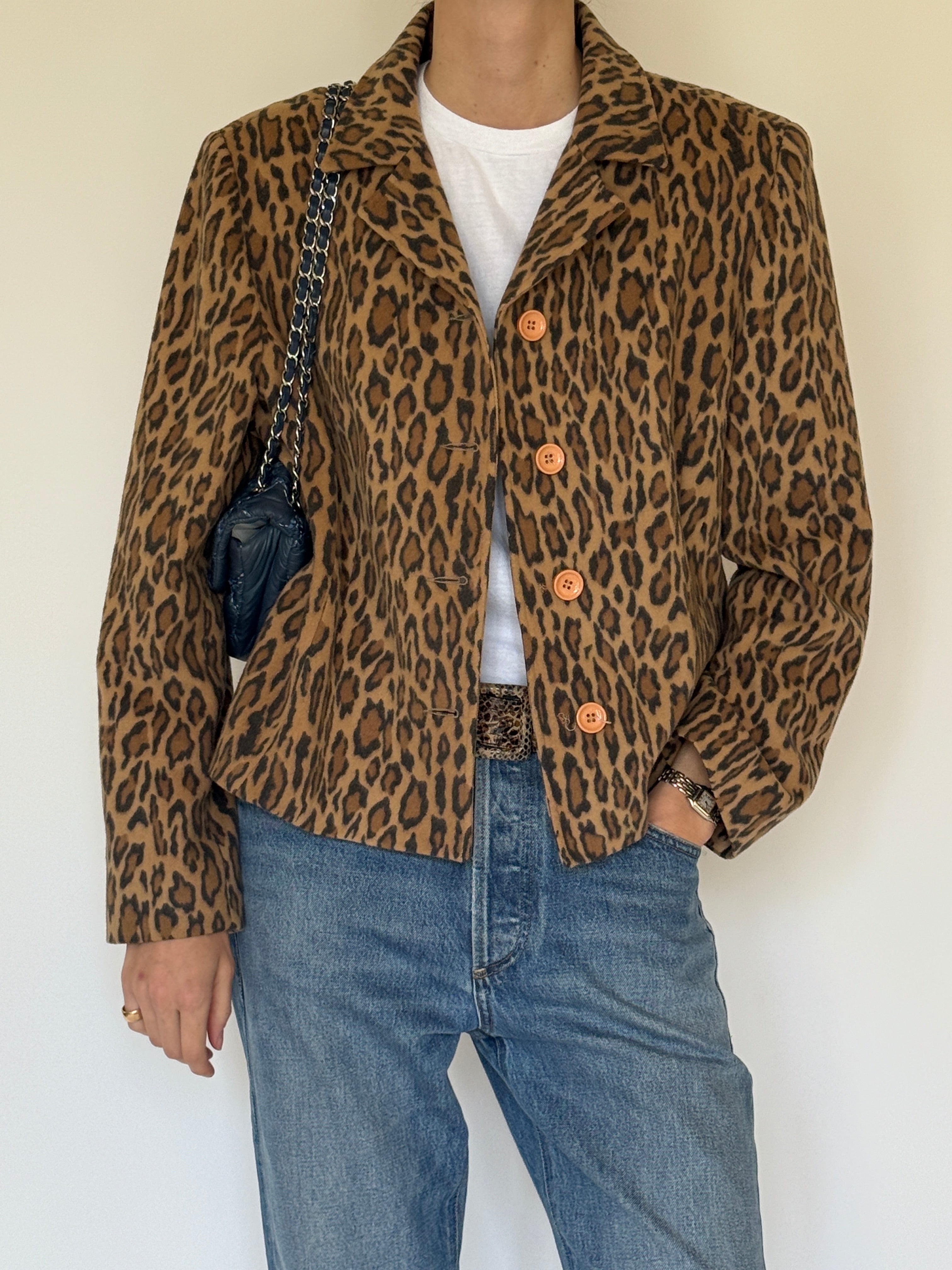 Vintage leopard print cashmere wool blend jacket front view