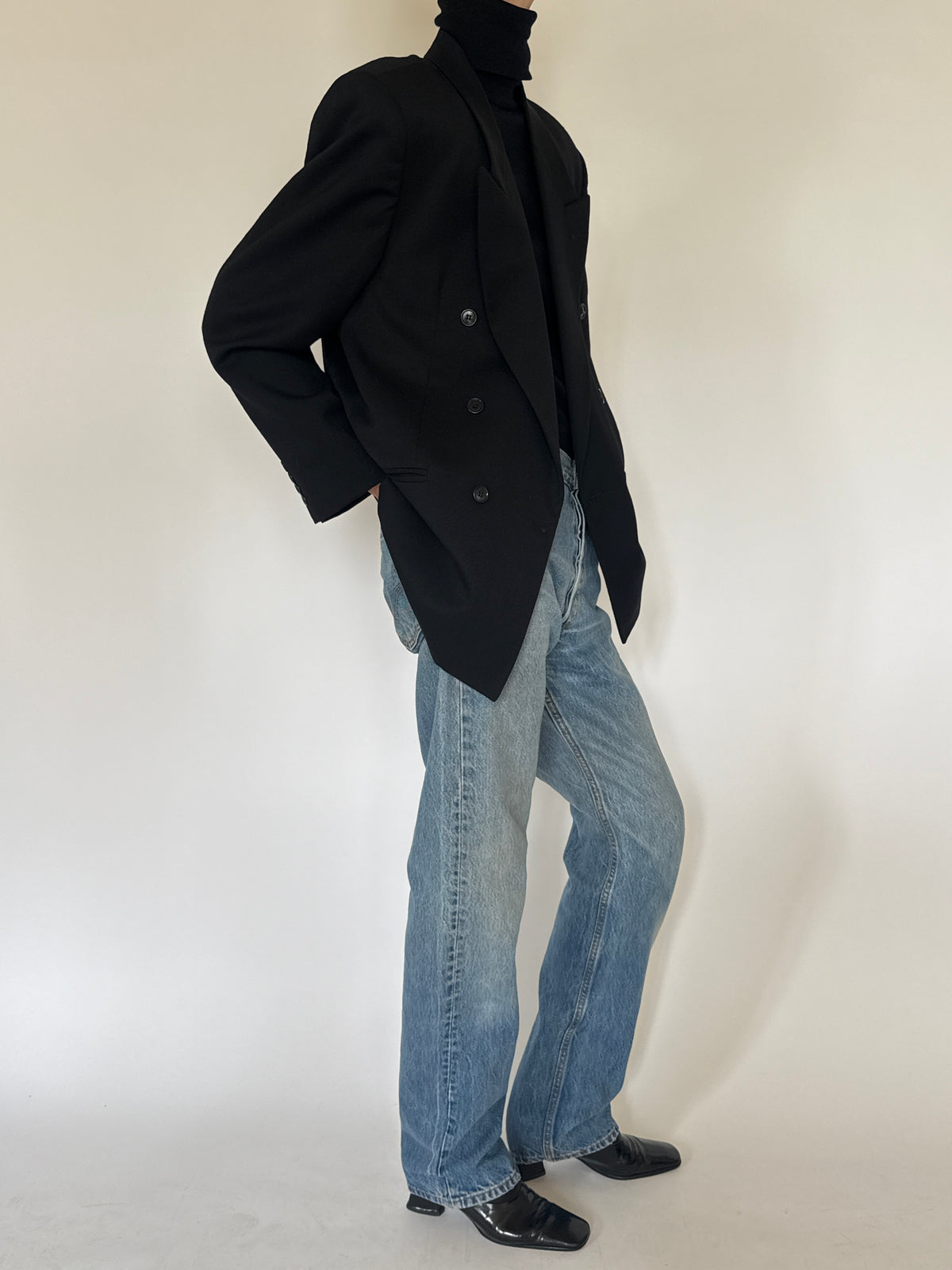 Vintage Double-Breasted 100% Wool Blazer Black 7229