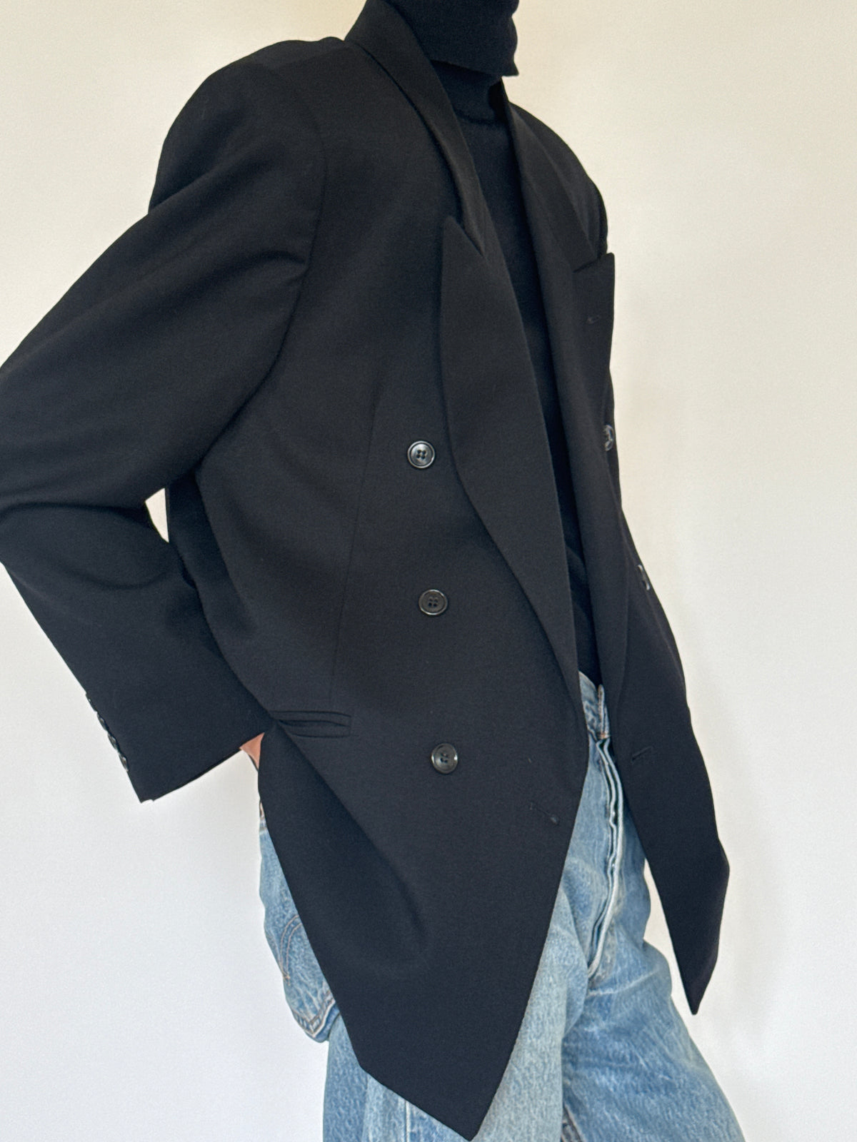 Vintage Double-Breasted 100% Wool Blazer Black 7229