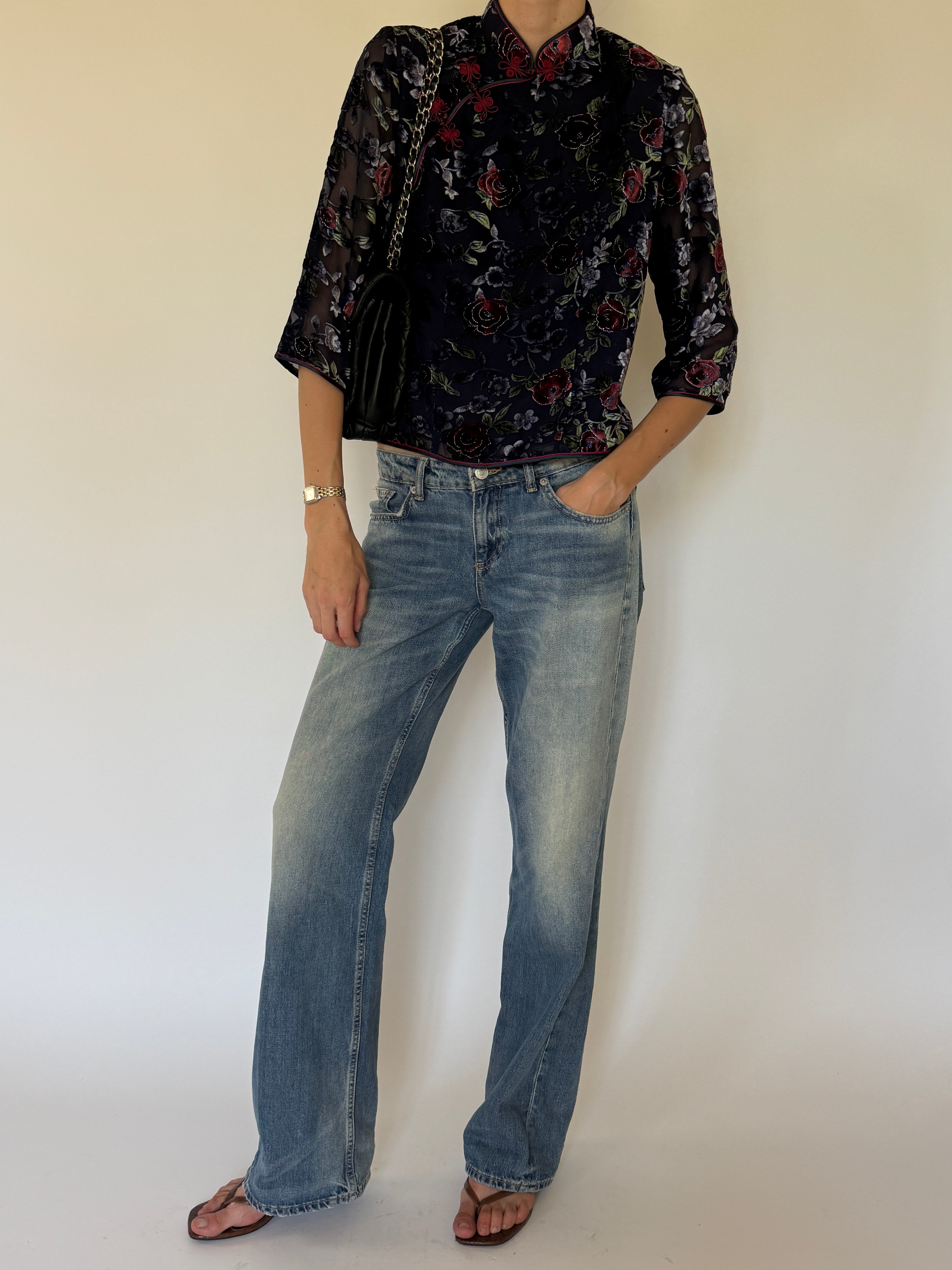 Vintage navy floral Chinese-inspired top angled front view