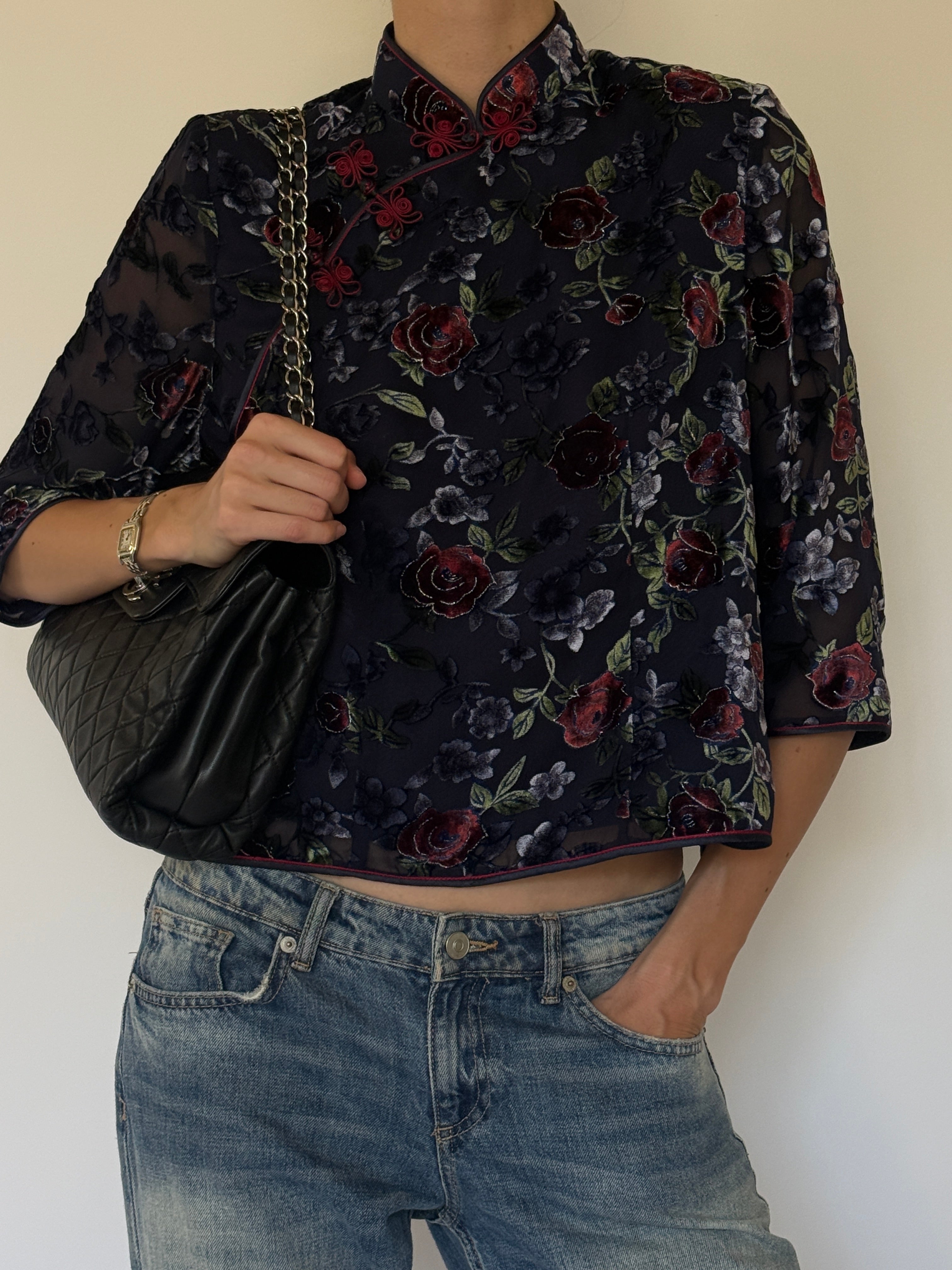 Vintage sheer velvet floral Chinese-inspired top front view