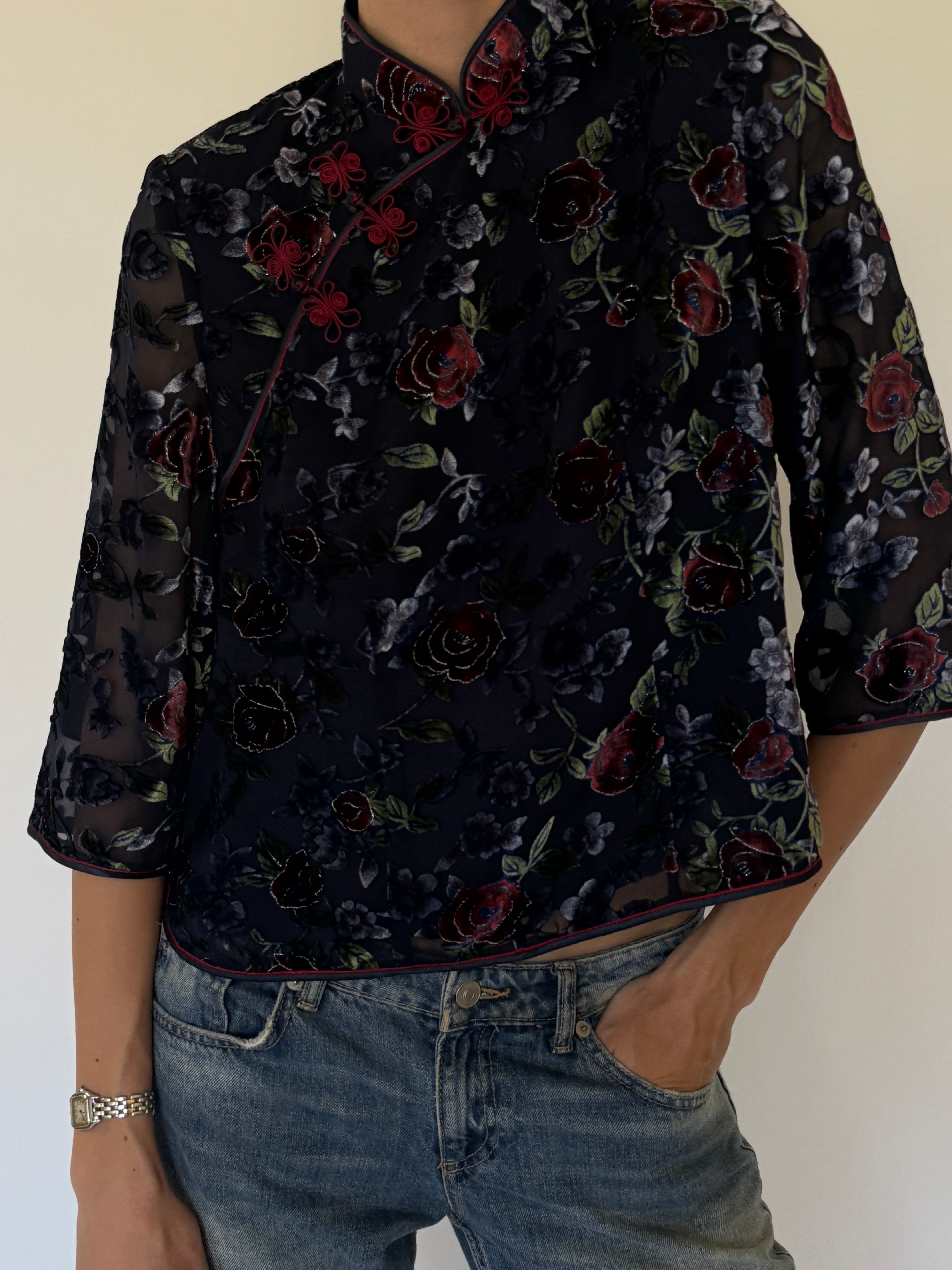 Vintage sheer velvet floral Chinese-inspired top front view
