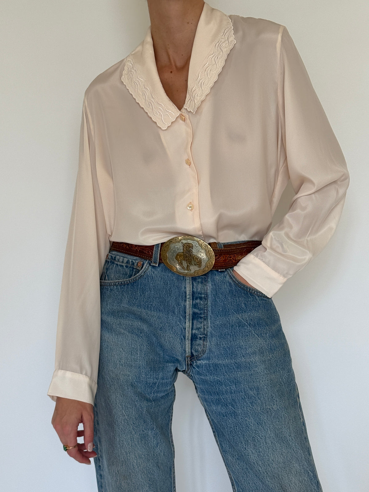 Vintage Western Embroidered Collar Shirt Ivory 8045