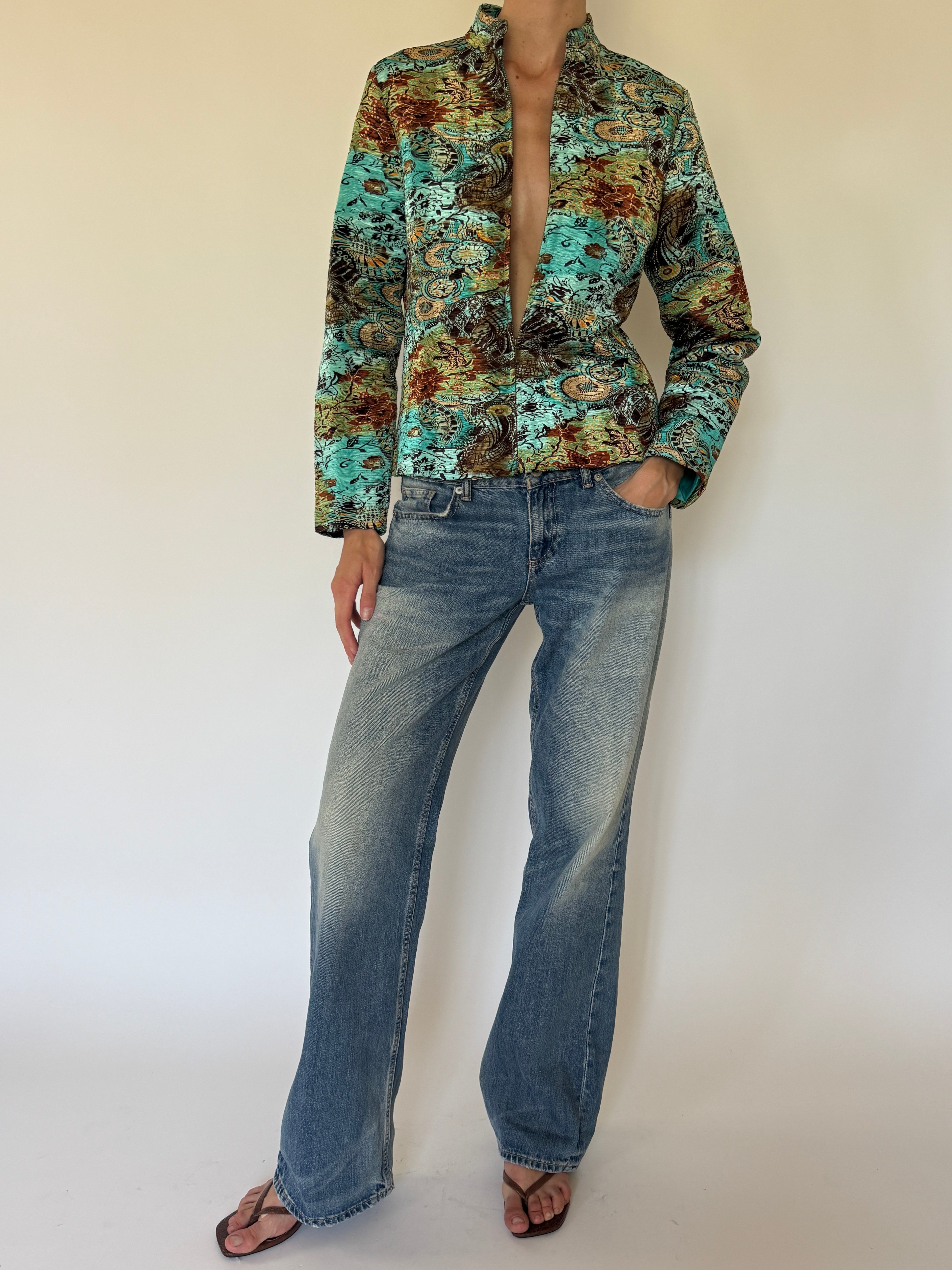 Vintage turquoise brocade lightweight jacket front view