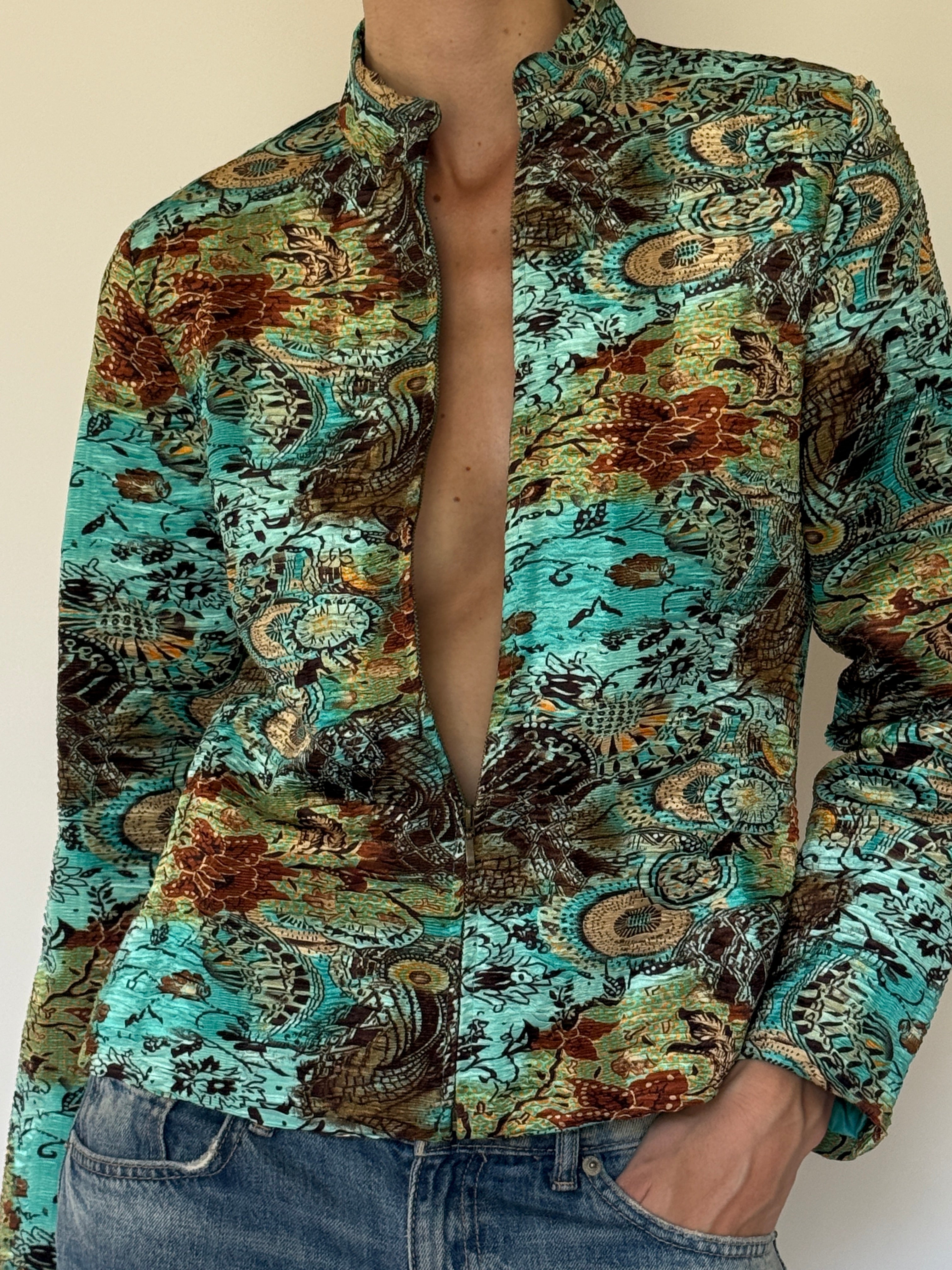 Vintage turquoise brocade lightweight jacket front view