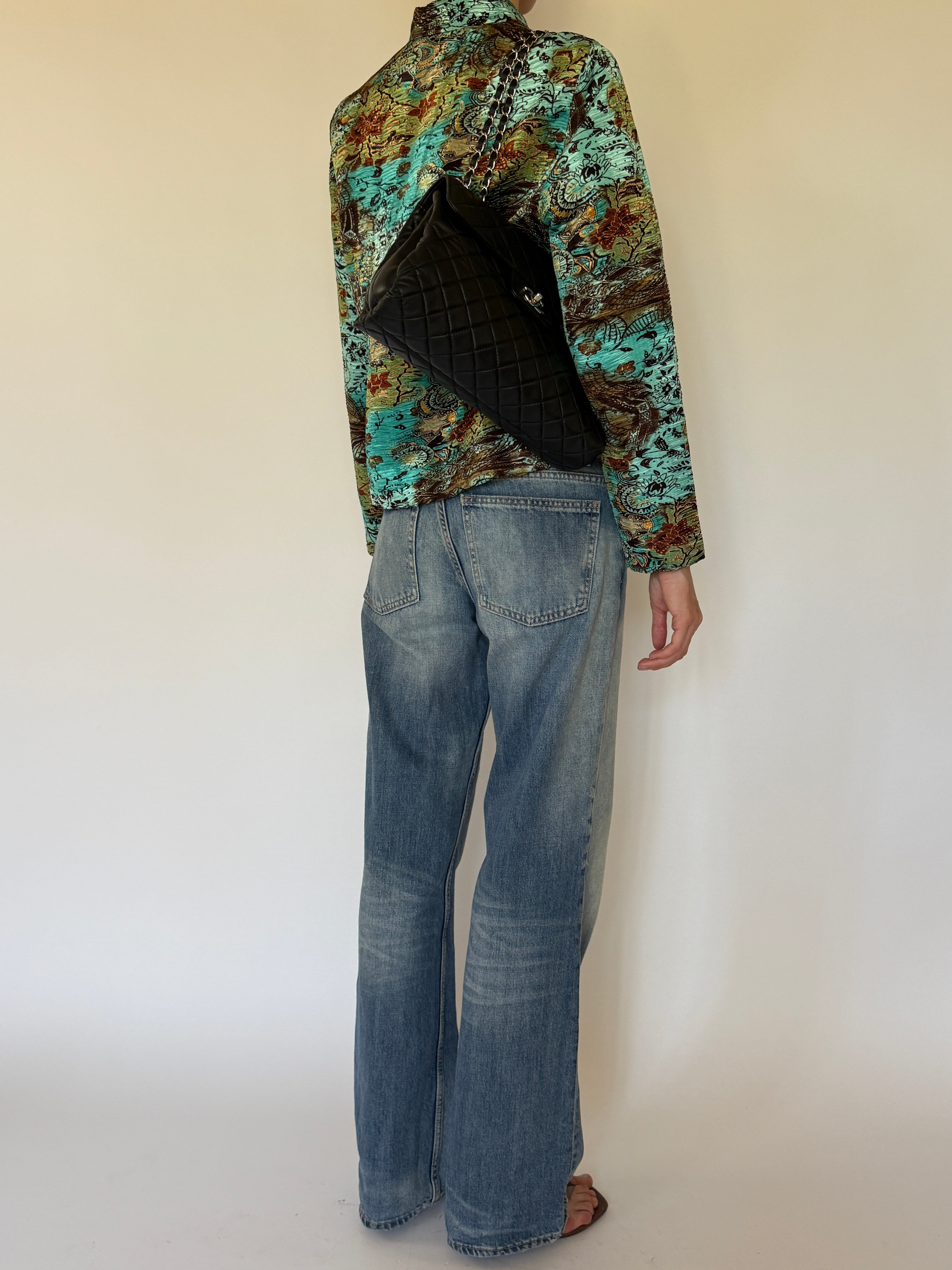 Vintage turquoise brocade lightweight jacket back view