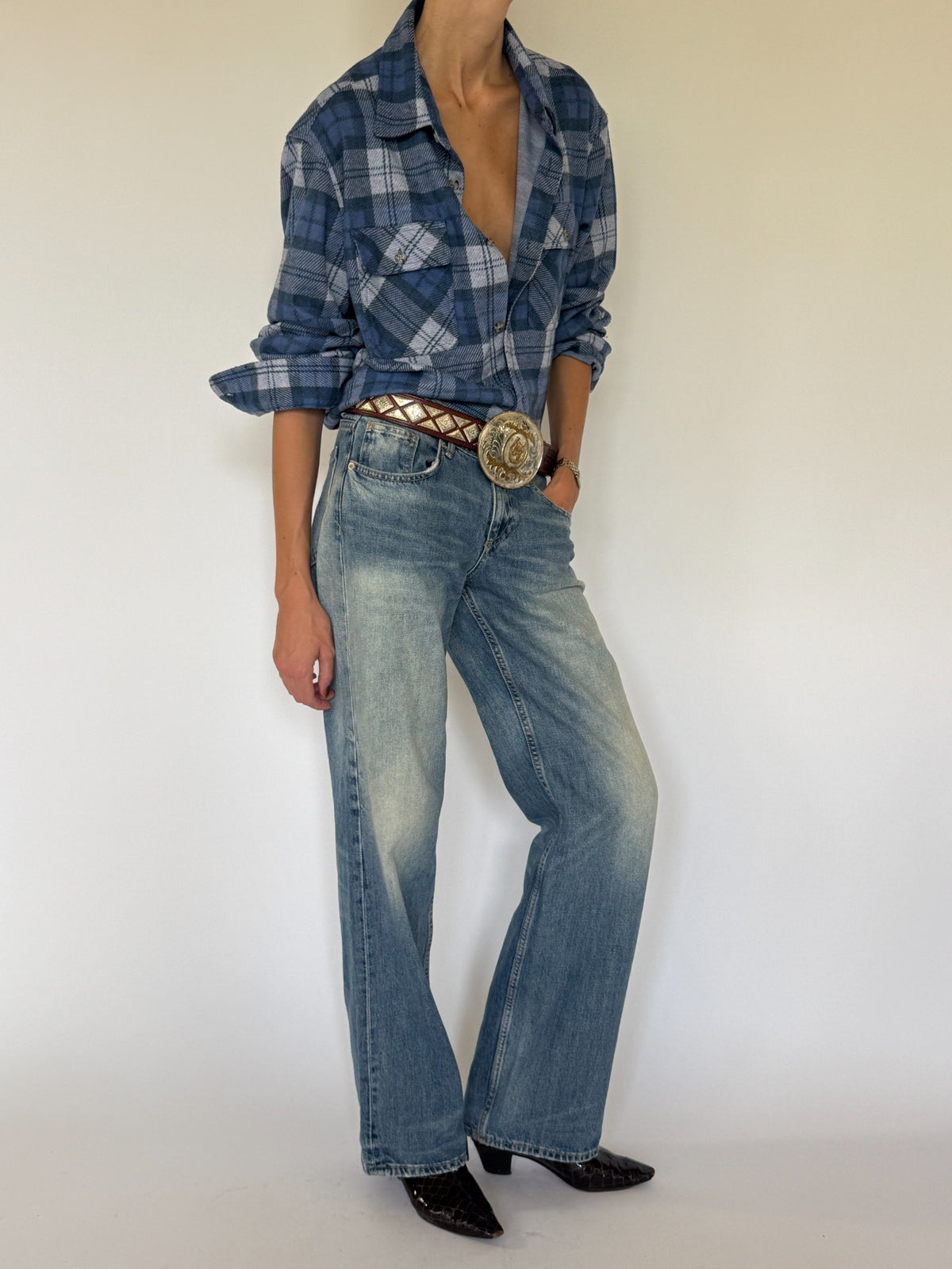 Vintage blue plaid shirt side view