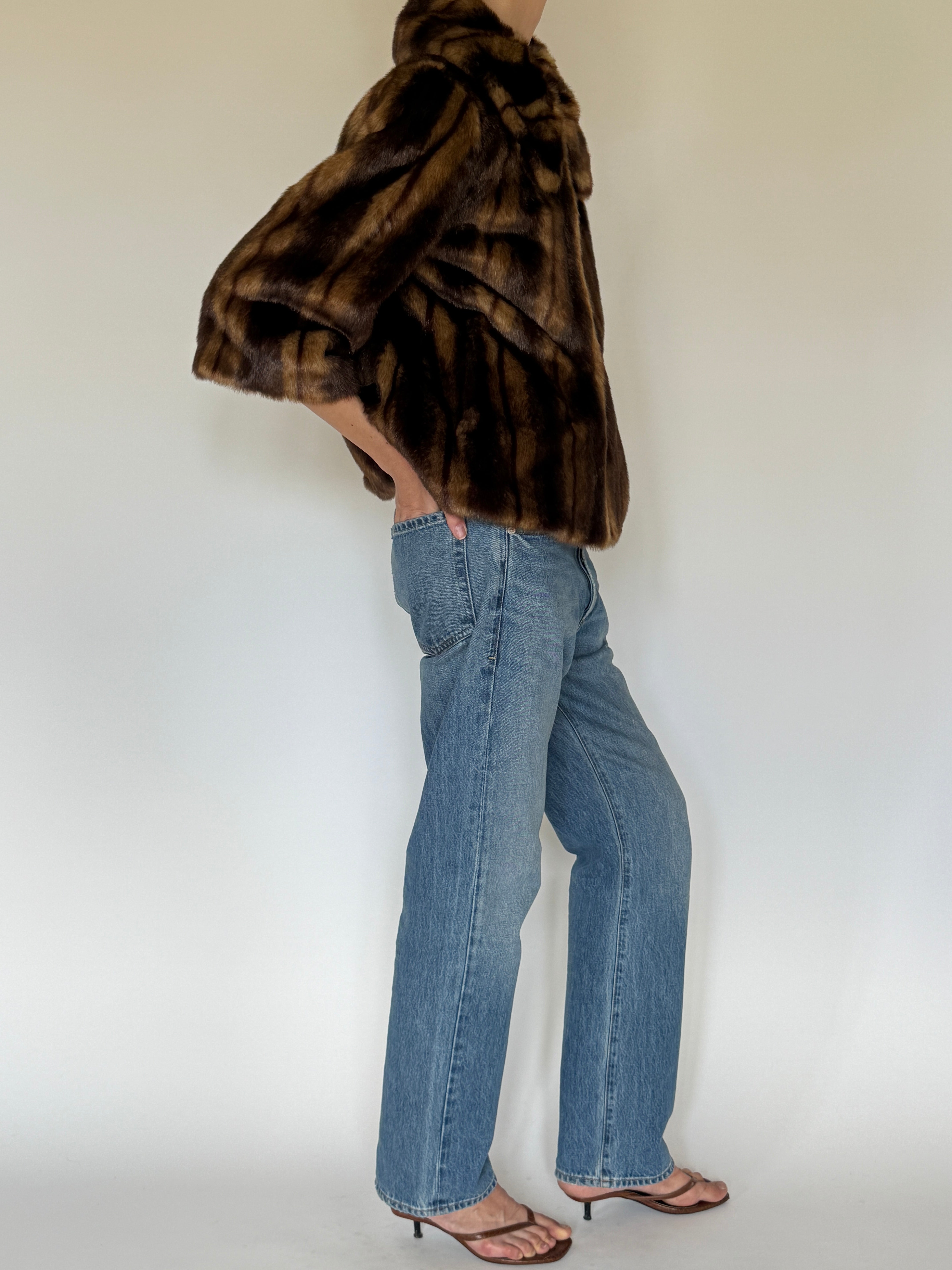 Vintage brown faux fur jacket side view