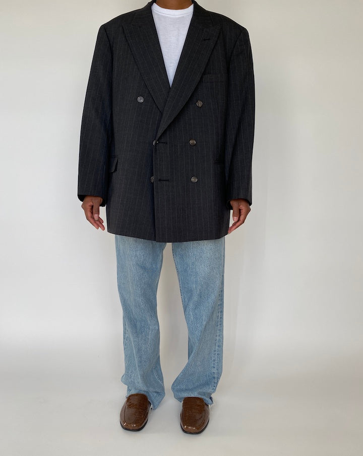 VINTAGE DARK GREY PINSTRIPED DOUBLE BREASTED BLAZER 1967