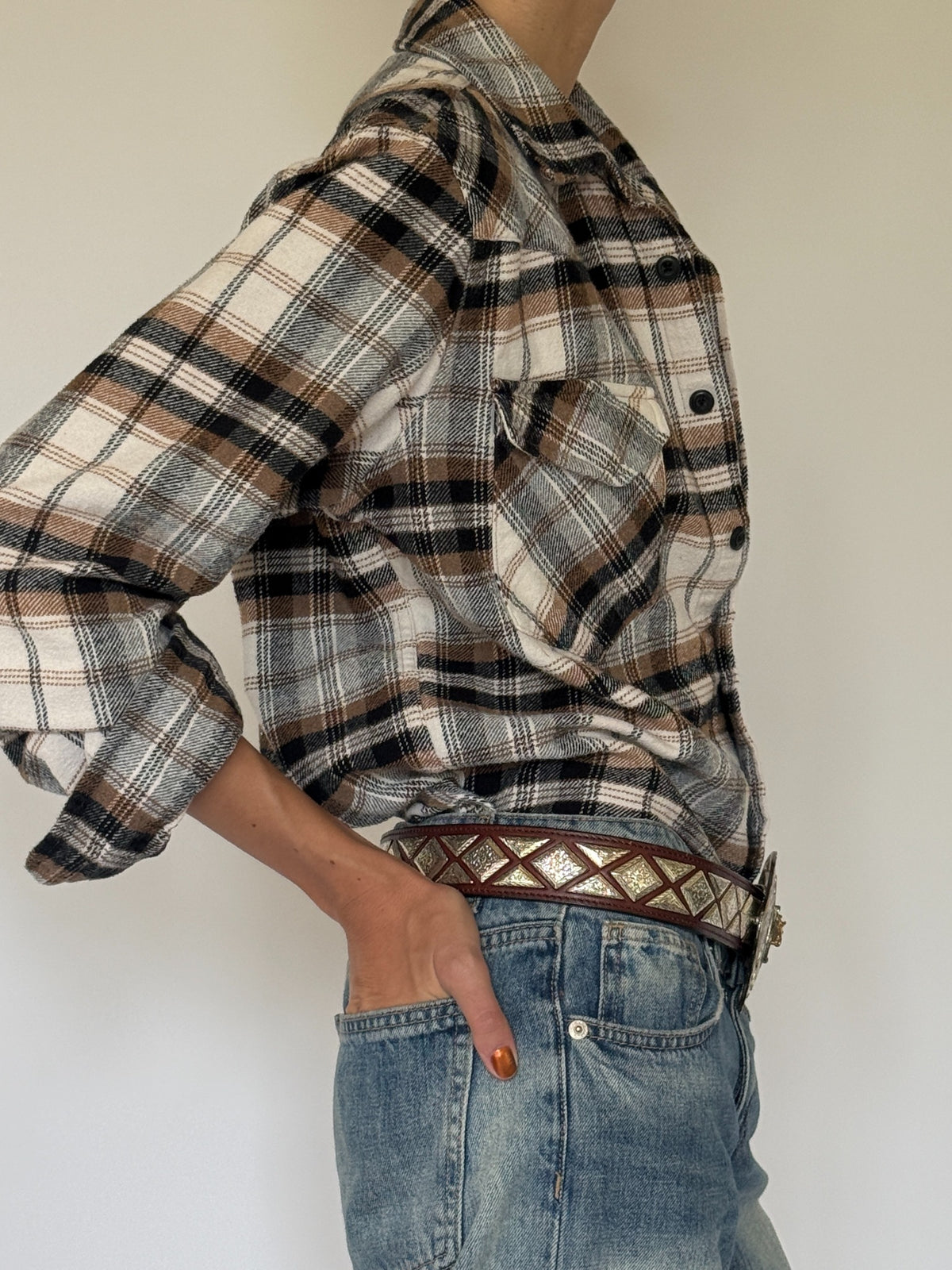 Vintage plaid flannel shirt fabric and pocket detail