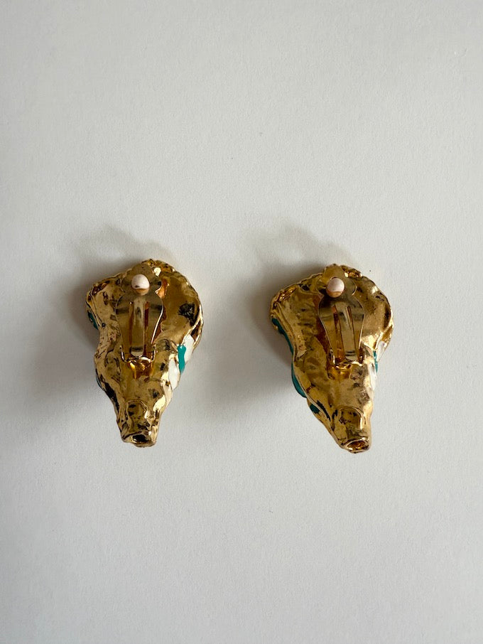 Vintage Shell Cream & Teal Enamel Clip-On earrings