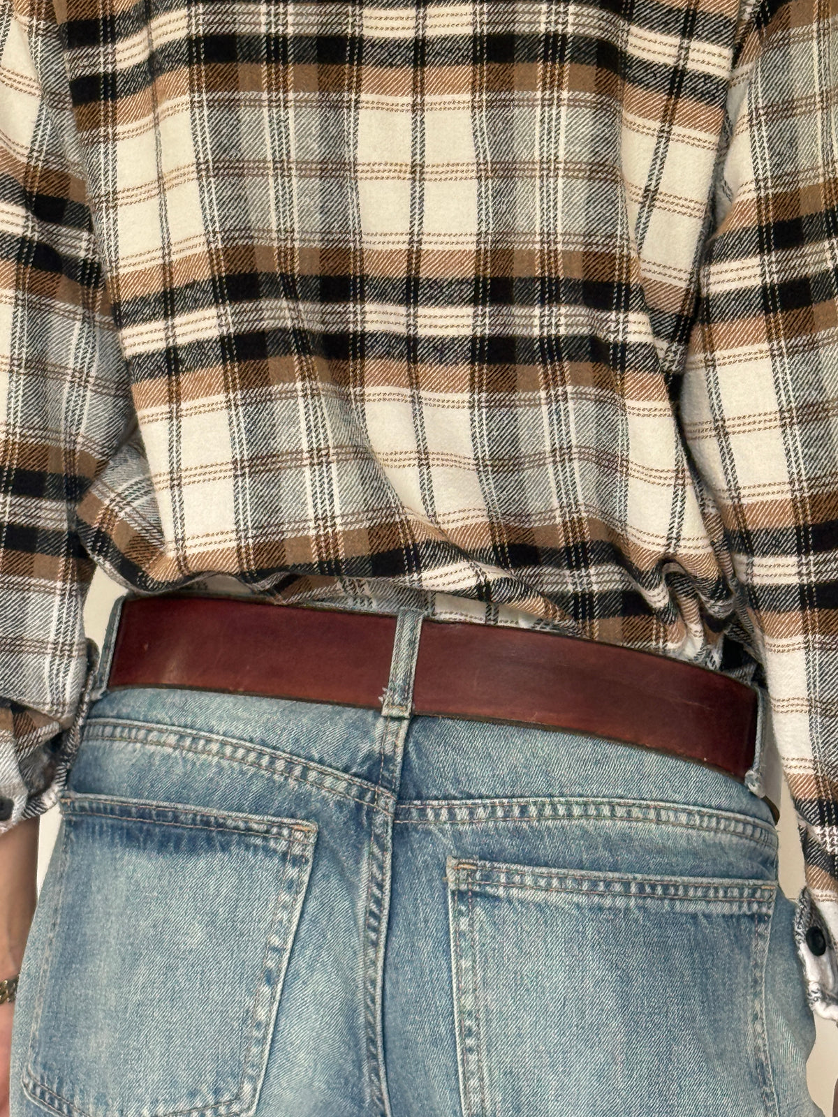 Vintage brown leather ram buckle belt back view