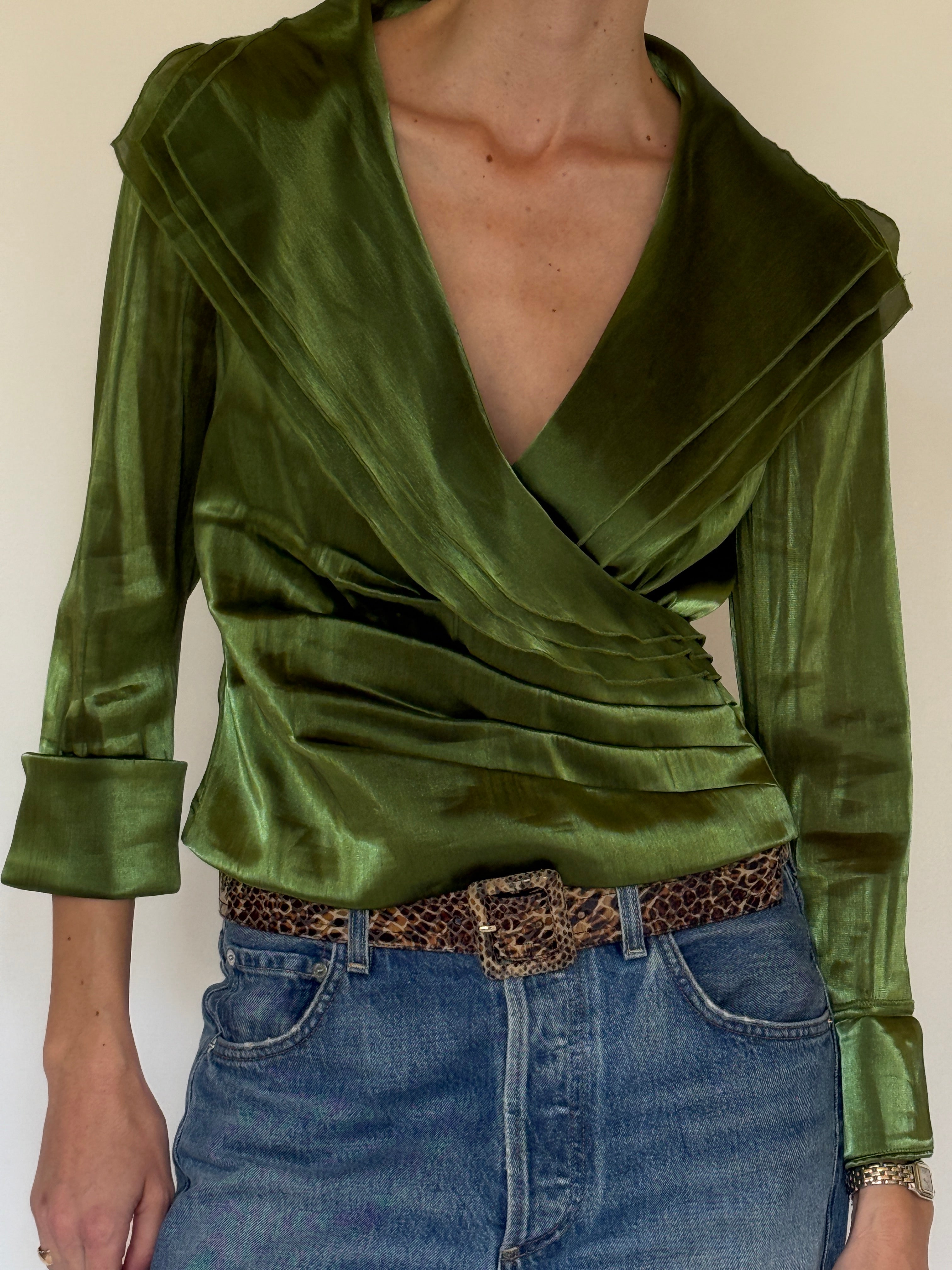 Vintage green satin wrap blouse front view