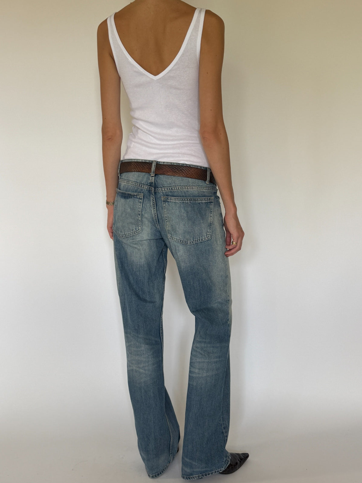 Vintage Western-inspired brown belt full back styling view