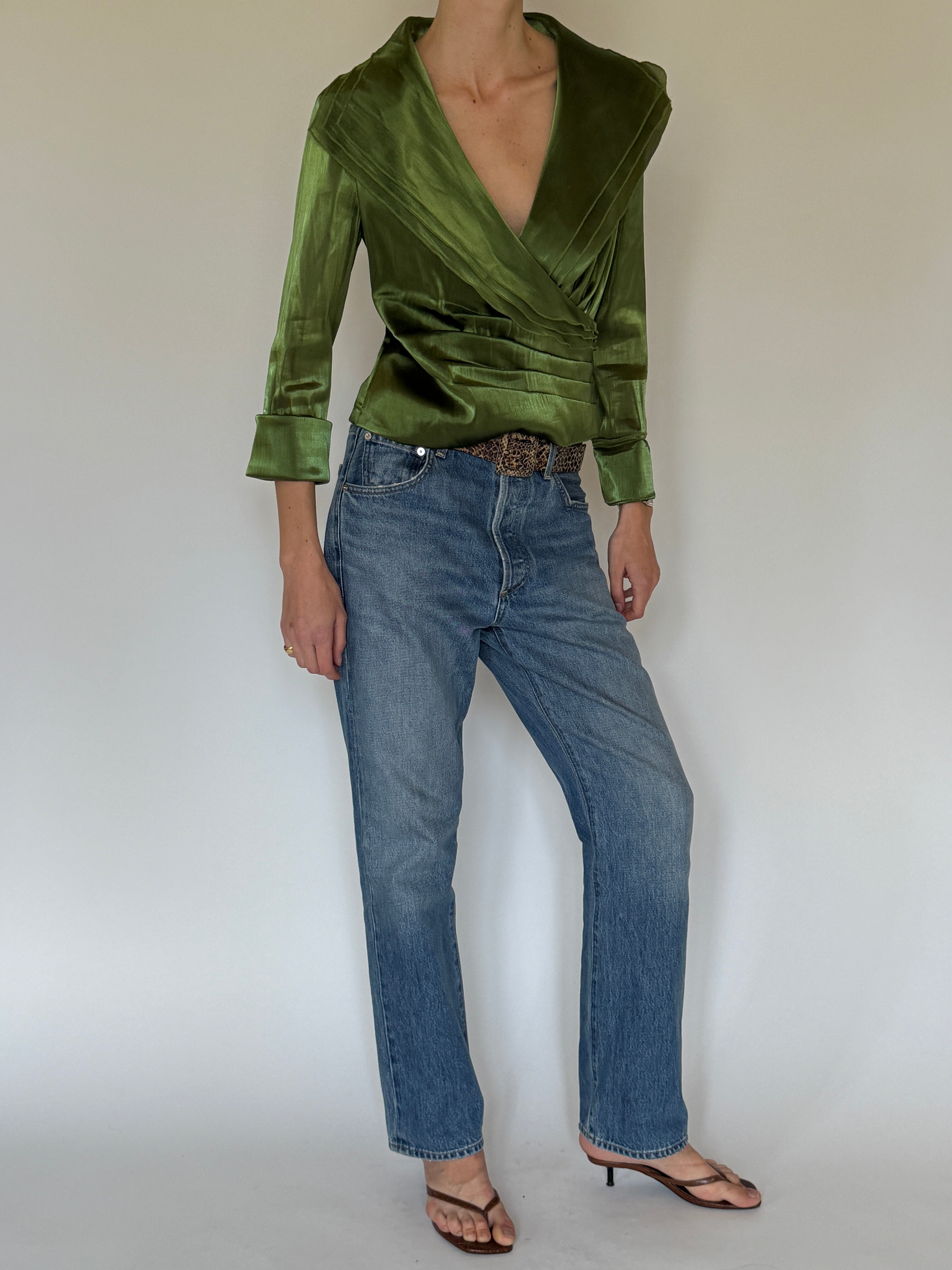 Vintage green blouse pleated waist detail