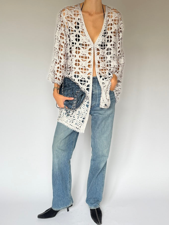 Vintage Crochet Lace Cardigan Silver 6500