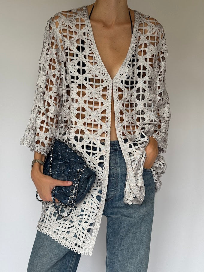 Vintage Crochet Lace Cardigan Silver 6500