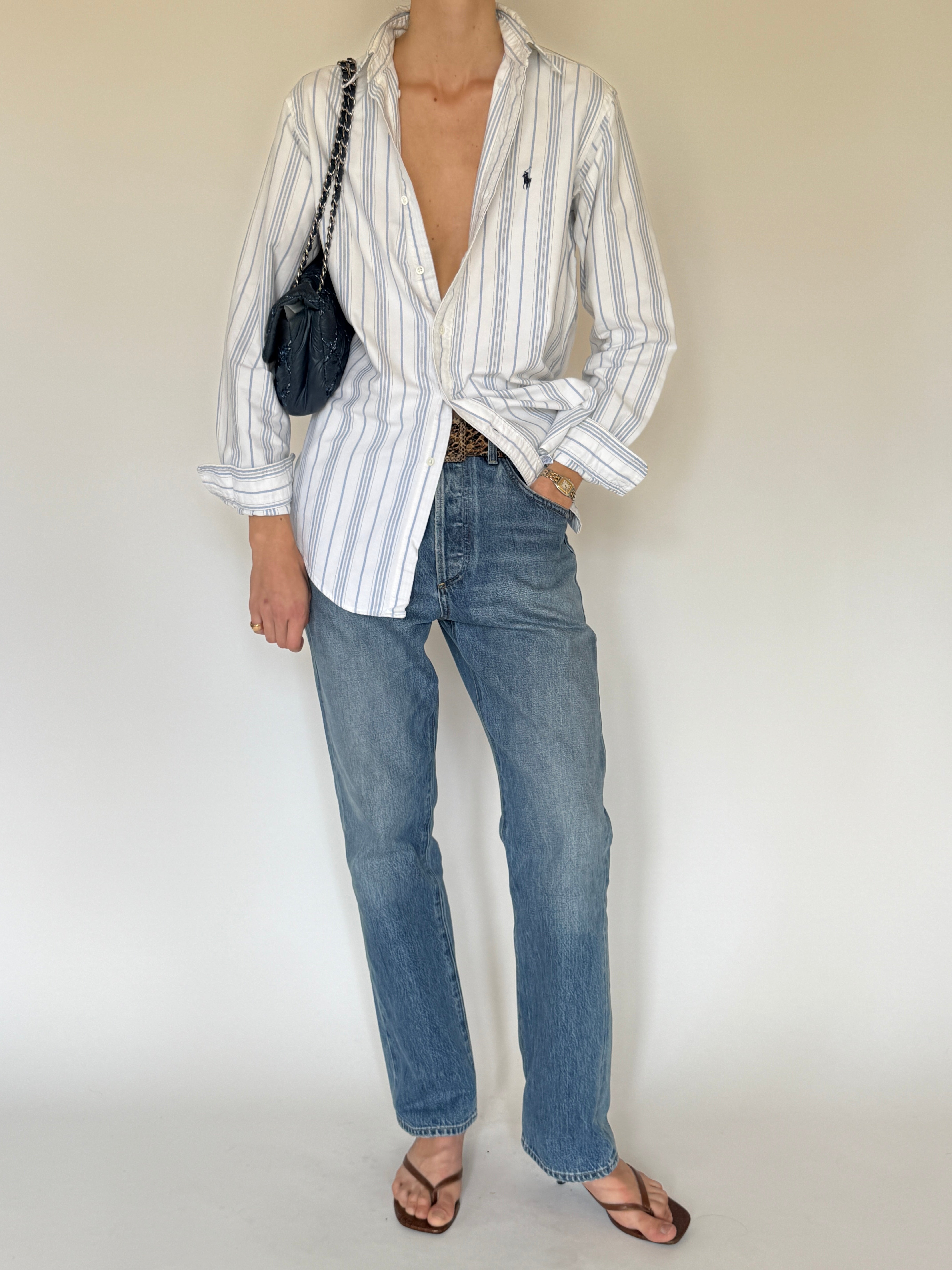 Vintage striped cotton shirt front view white blue