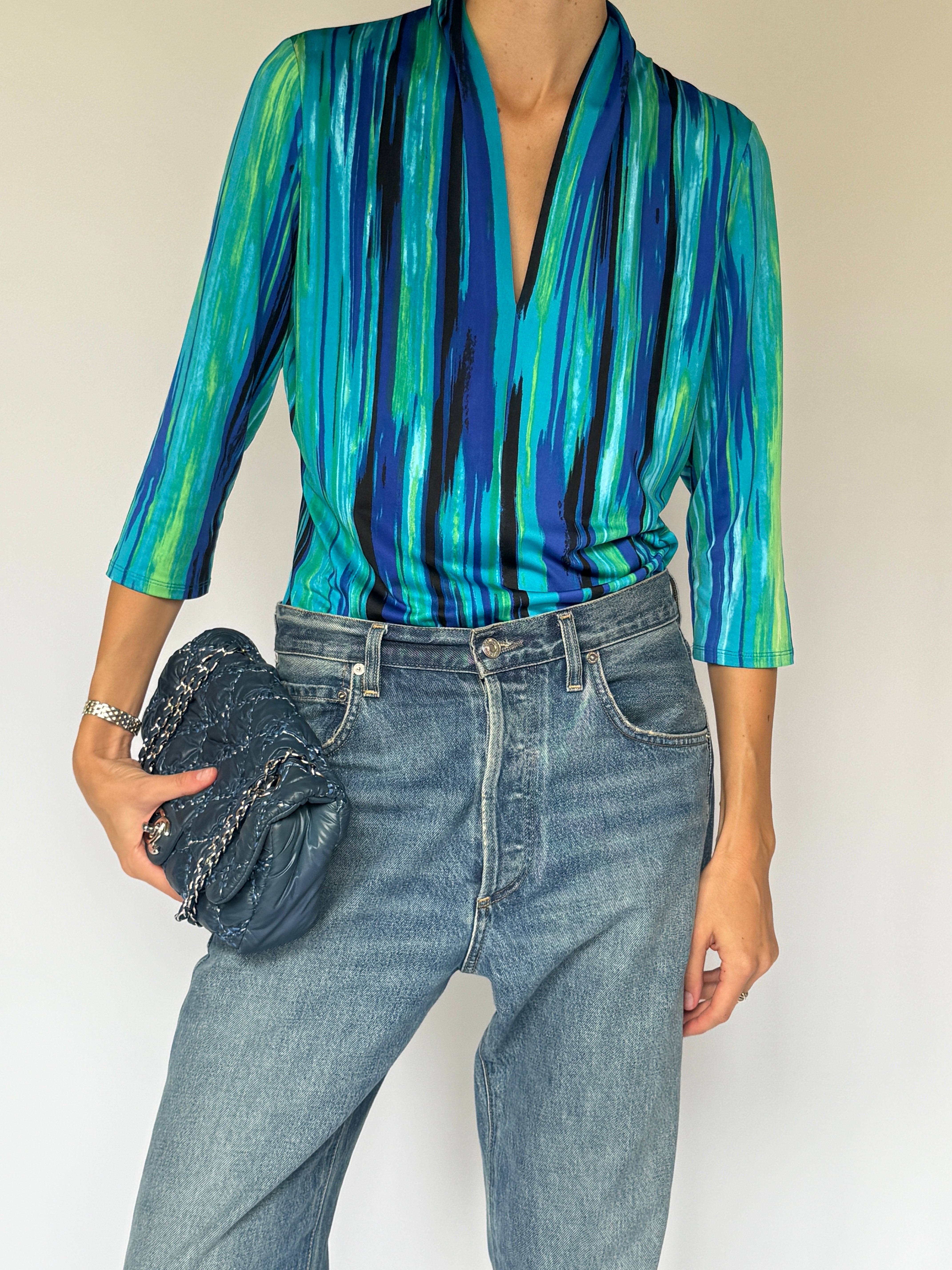 Vintage Abstract Stripe Top Blue 6505