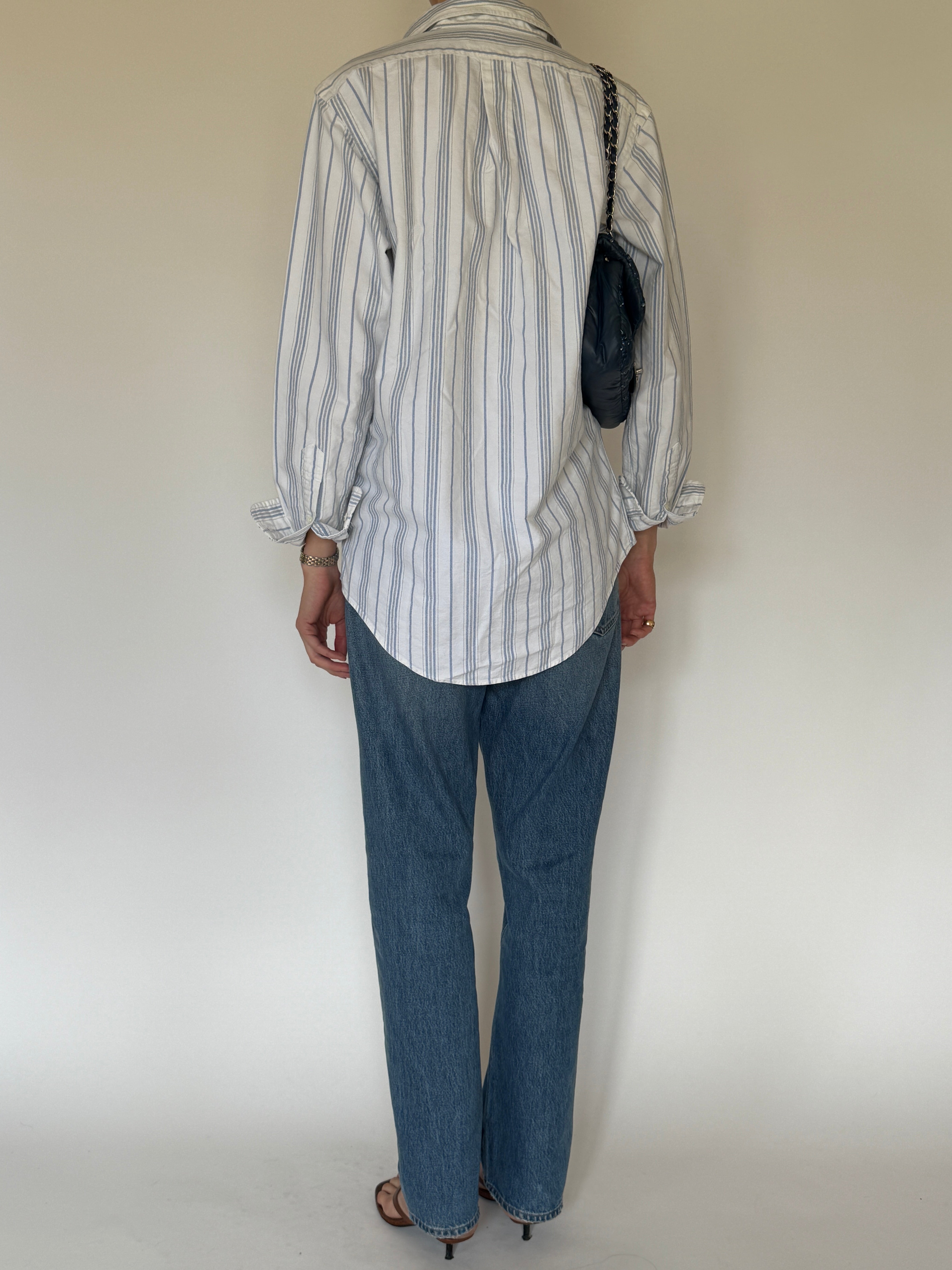 Vintage striped cotton shirt back view white blue