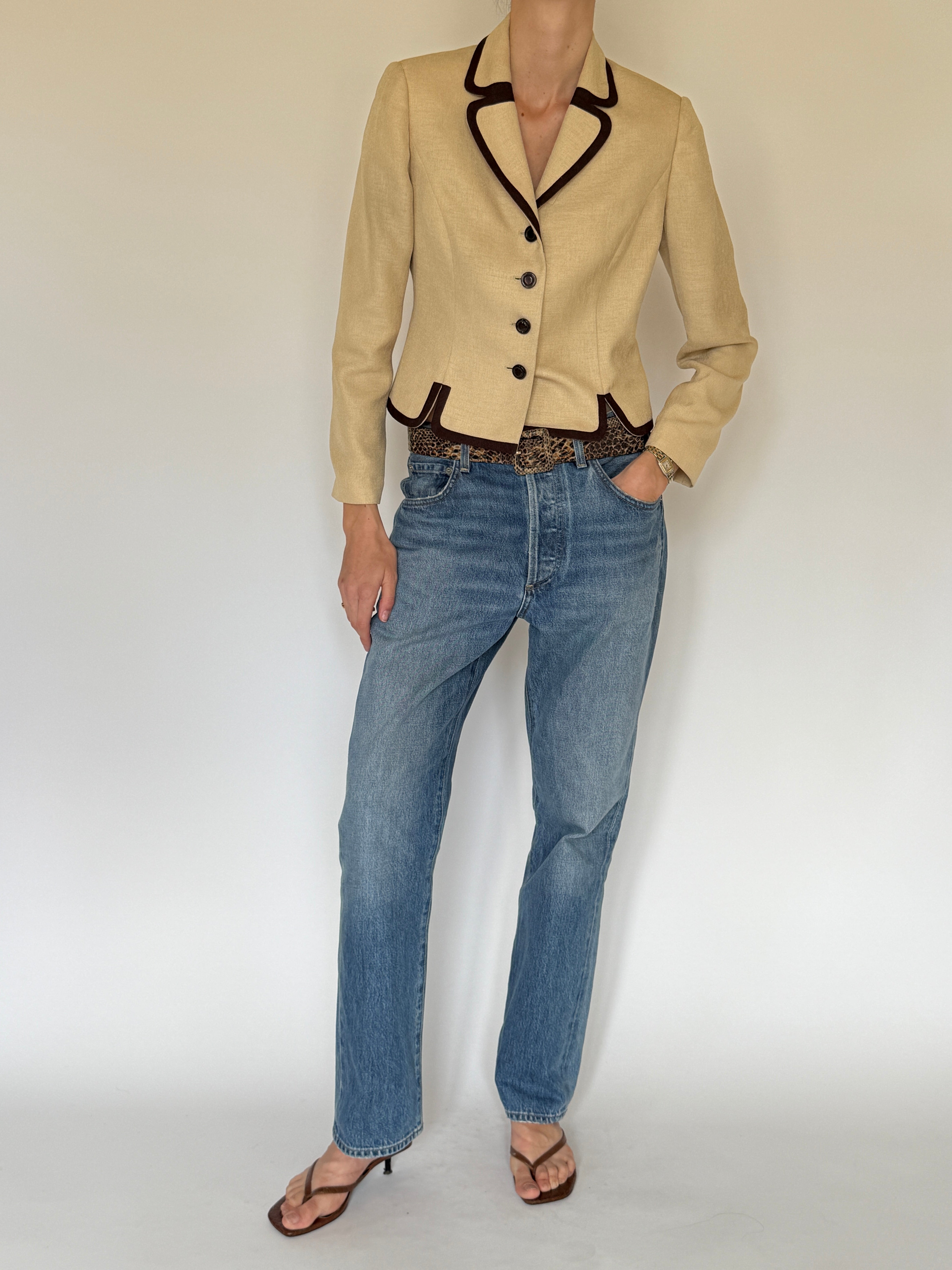 Vintage structured beige blazer with dark brown trim front view