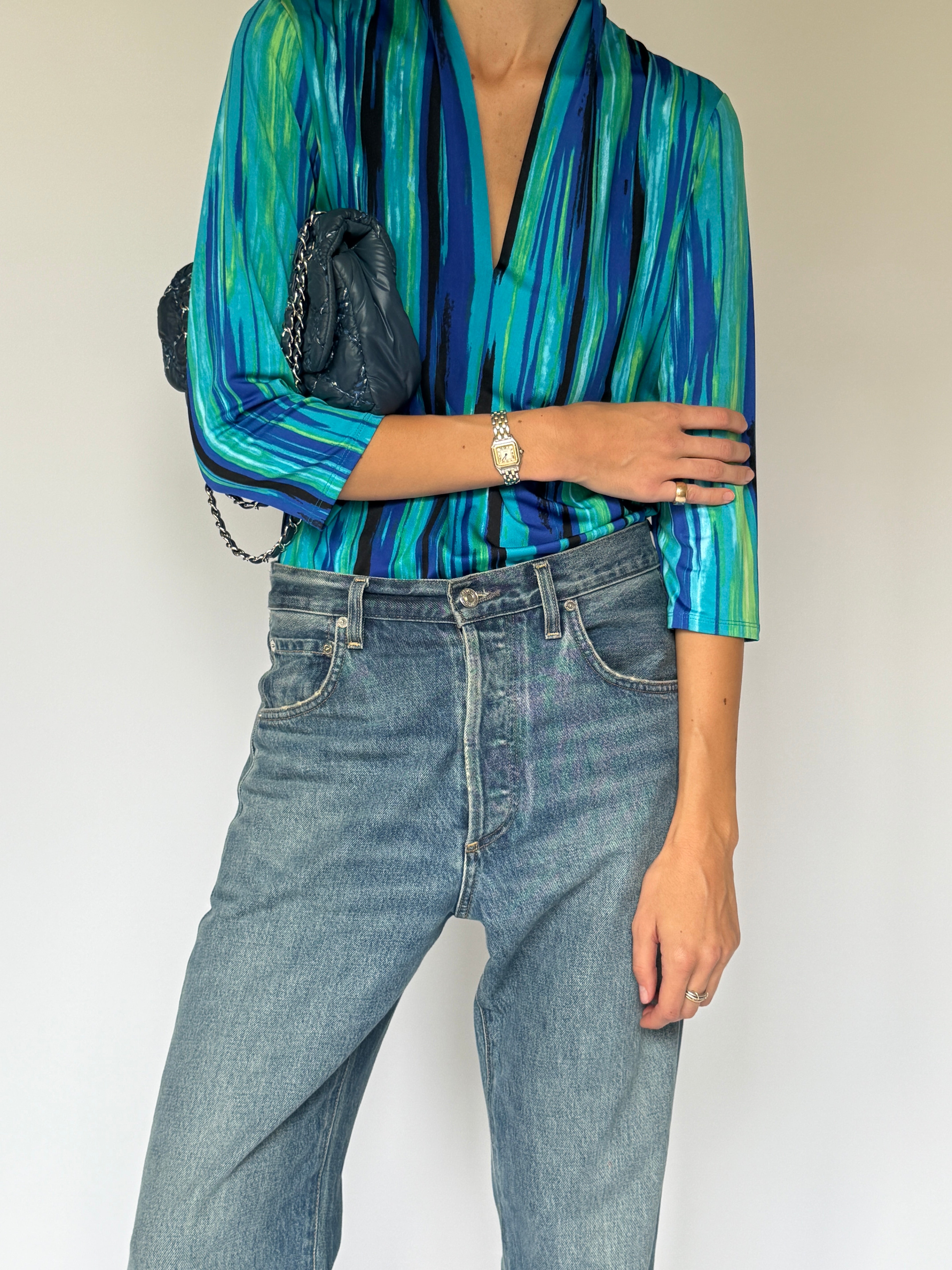 Vintage Abstract Stripe Top Blue 6505