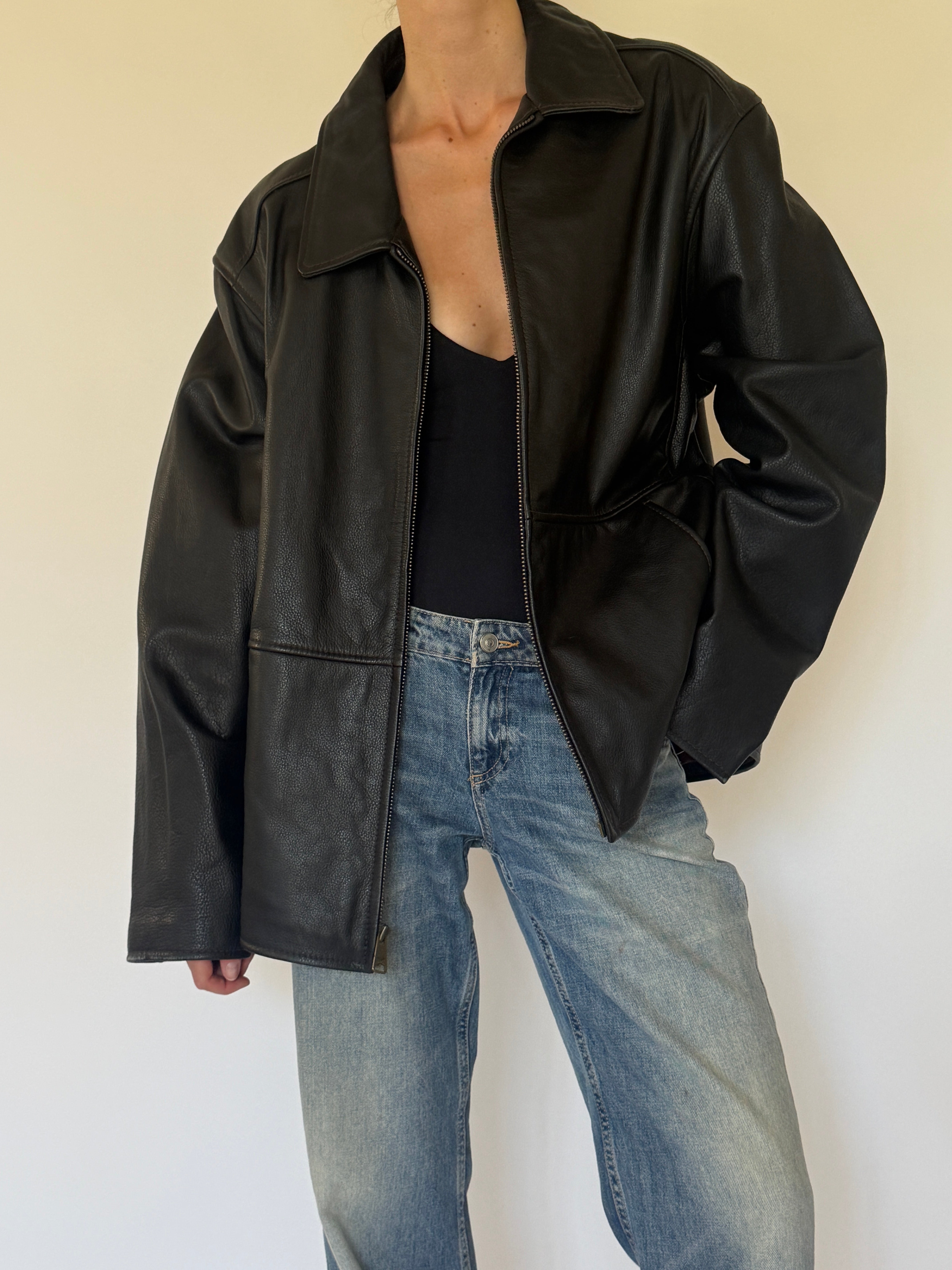 Vintage oversized black leather jacket front view