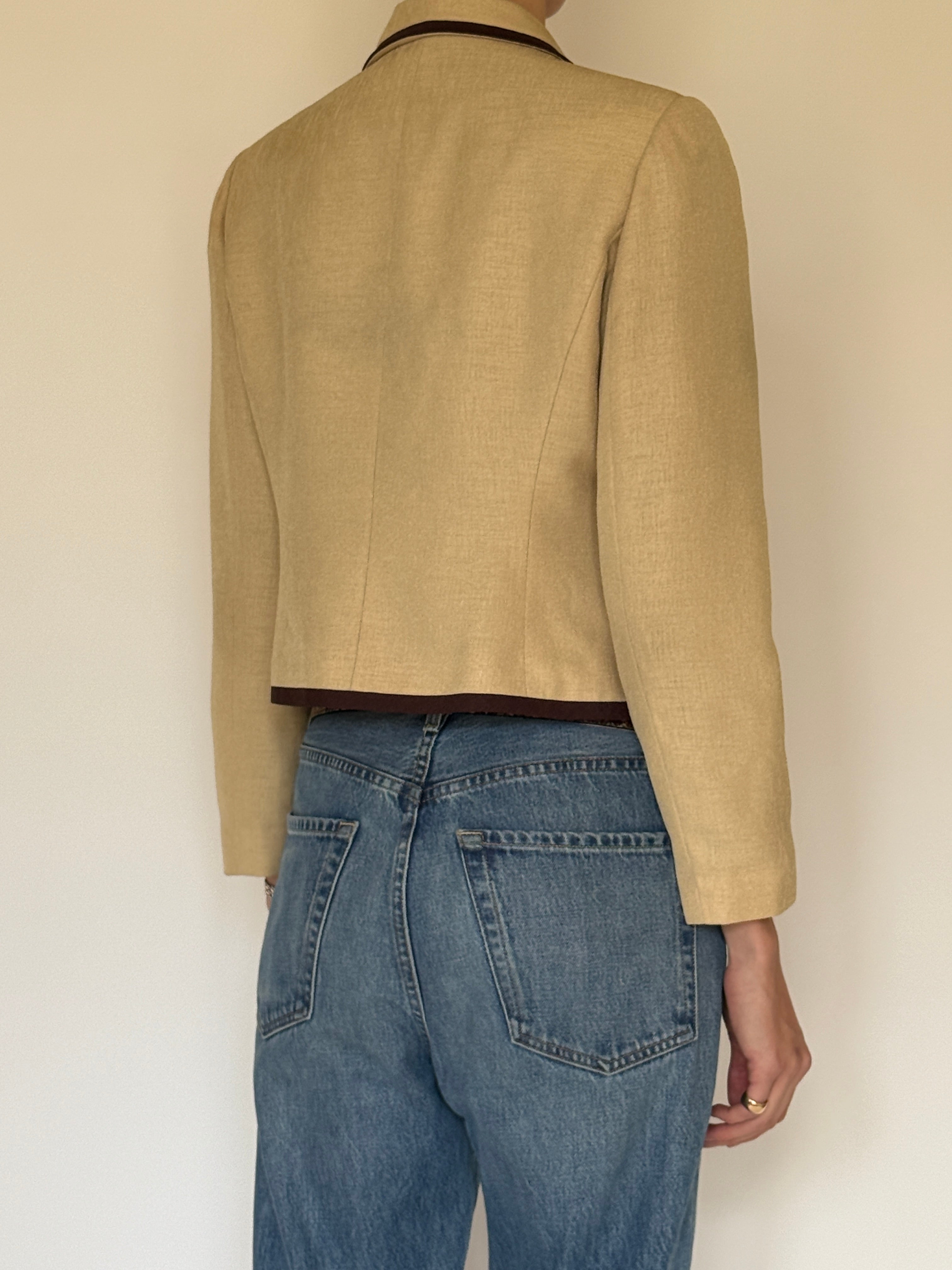 Vintage cropped structured blazer with dark brown piping back view