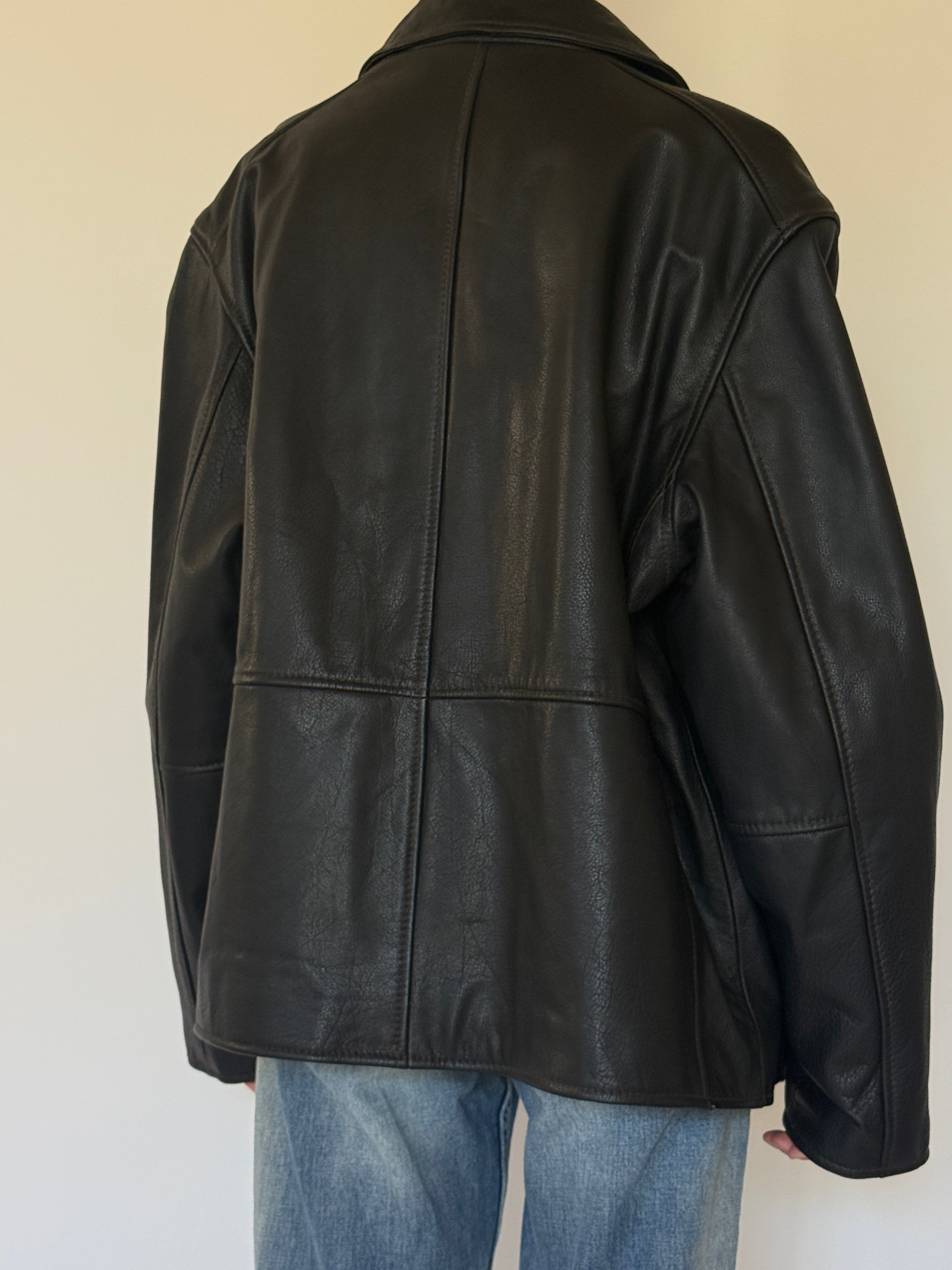 Vintage oversized black leather jacket back view