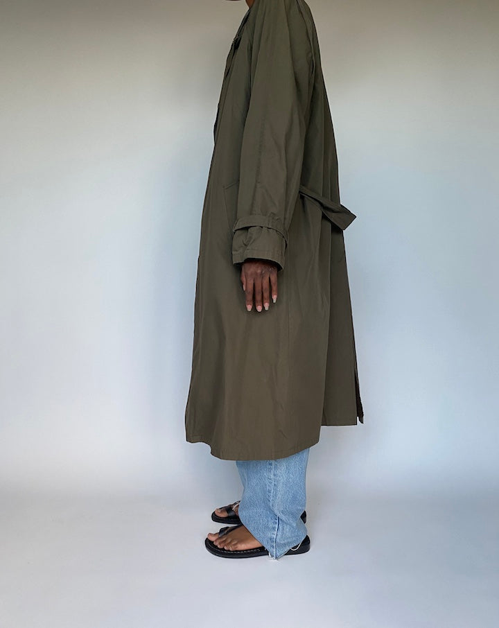 VINTAGE LONG DARK GREEN TRENCH COAT 3598