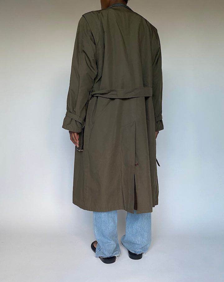 VINTAGE LONG DARK GREEN TRENCH COAT 3598